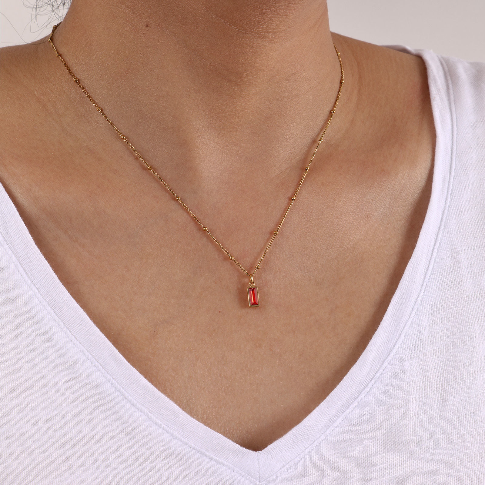 Picture of Eco-friendly PVD Vacuum Plating Exquisite Birthstone 18K Real Gold Plated 304 Stainless Steel & Cubic Zirconia Curb Link Chain Rectangle Pendant Charm Necklace For Women Gift 45cm(17.7") + 5cm(2") long