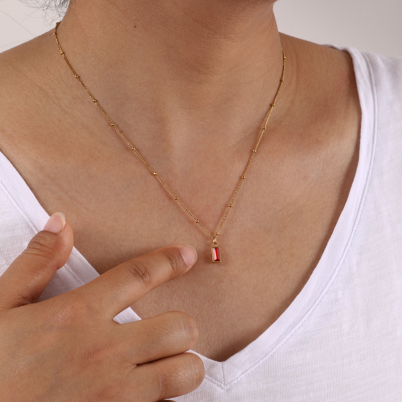 Picture of Eco-friendly PVD Vacuum Plating Exquisite Birthstone 18K Real Gold Plated 304 Stainless Steel & Cubic Zirconia Curb Link Chain Rectangle Pendant Charm Necklace For Women Gift 45cm(17.7") + 5cm(2") long