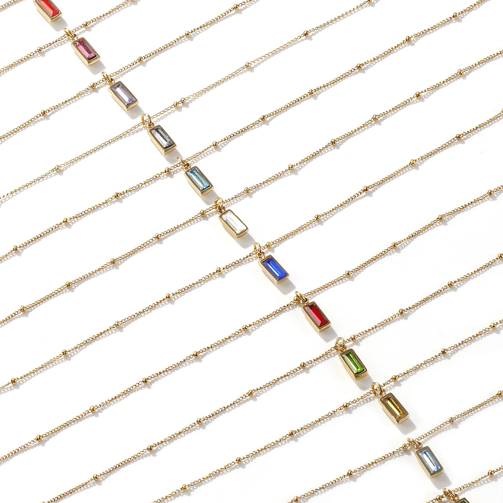 Picture of Eco-friendly PVD Vacuum Plating Exquisite Birthstone 18K Real Gold Plated 304 Stainless Steel & Cubic Zirconia Curb Link Chain Rectangle Pendant Charm Necklace For Women Gift 45cm(17.7") + 5cm(2") long