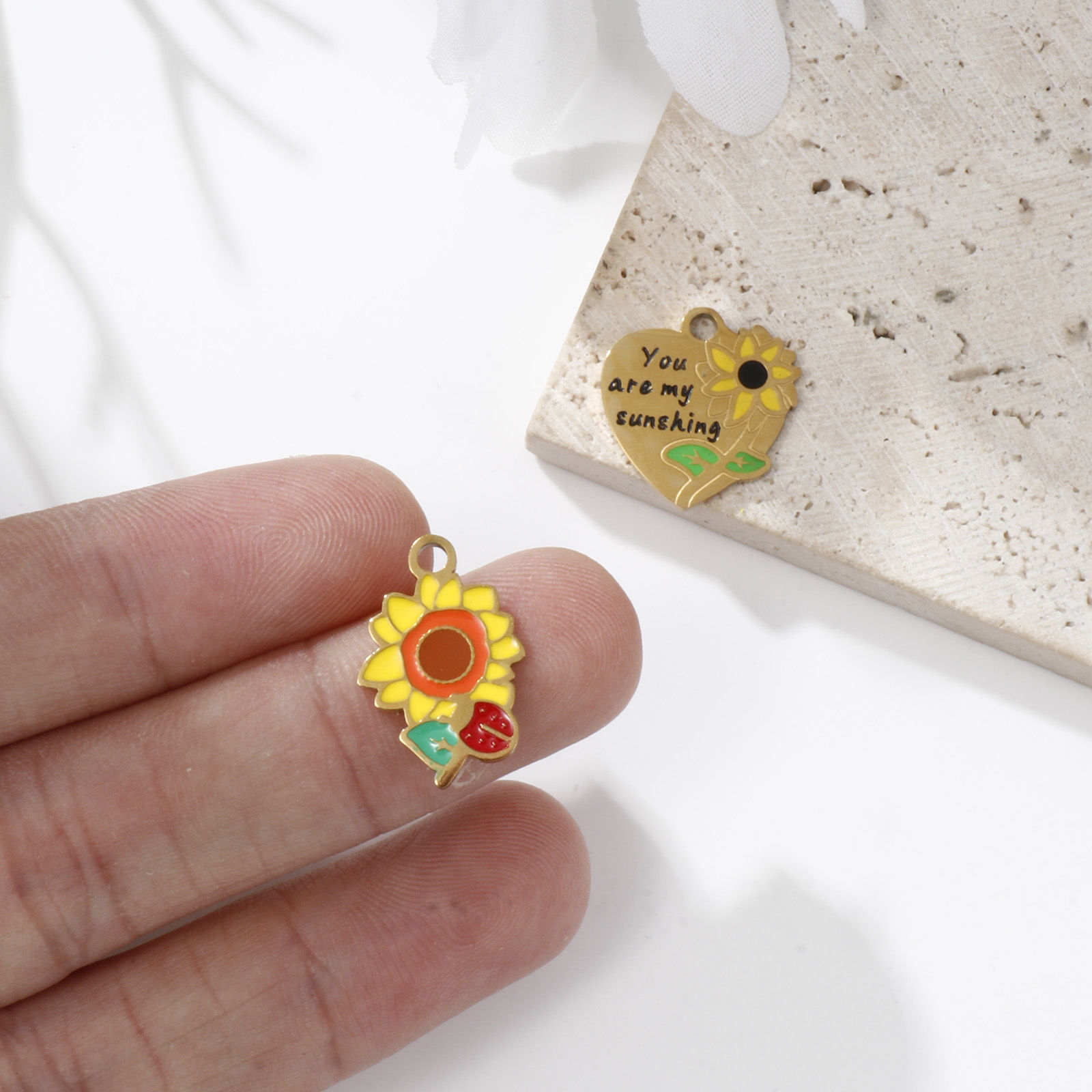 Picture of Eco-friendly PVD Vacuum Plating 304 Stainless Steel Charms 18K Gold Plated Multicolor Sunflower Enamel
