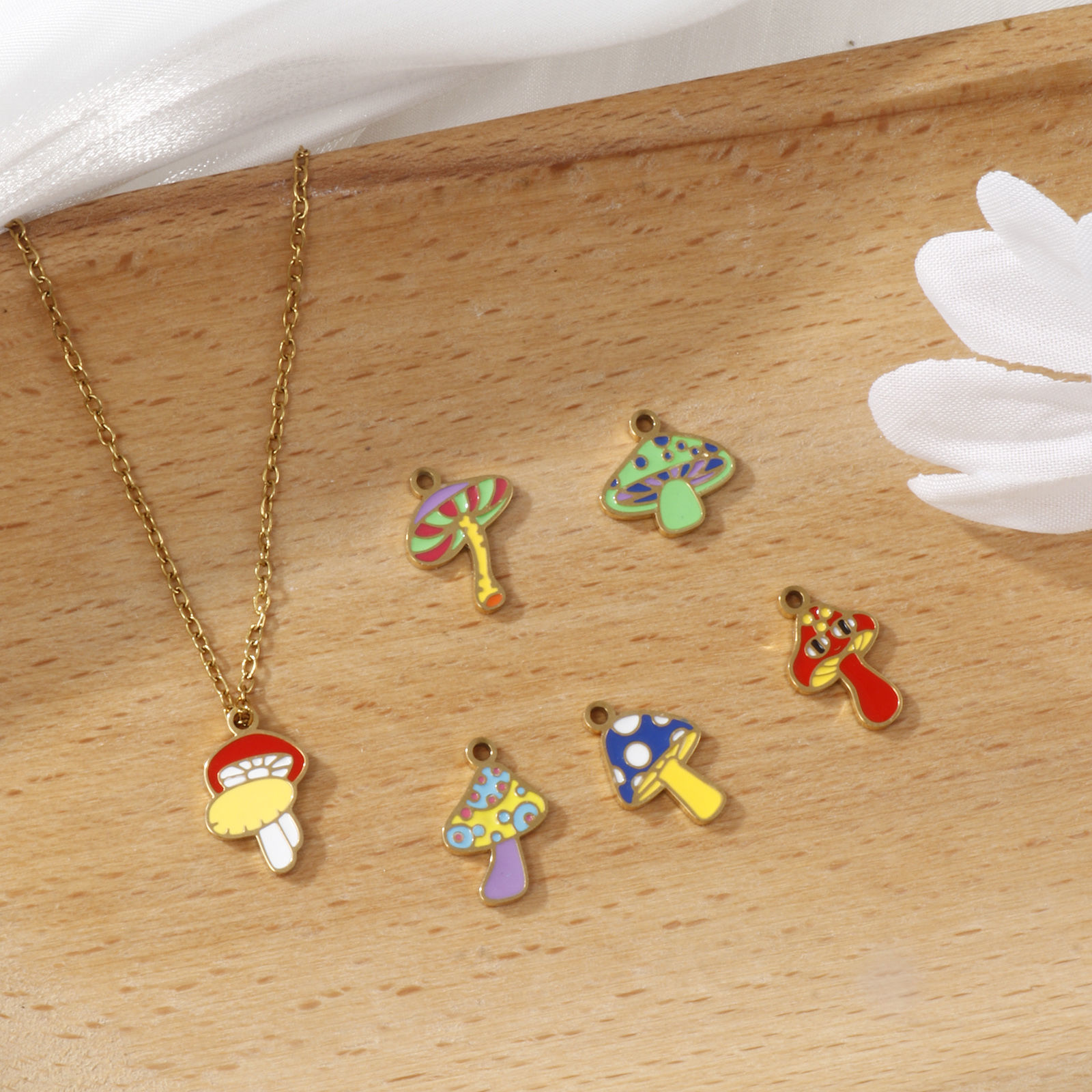 Picture of Eco-friendly PVD Vacuum Plating 304 Stainless Steel Charms 18K Gold Plated Multicolor Mushroom Enamel
