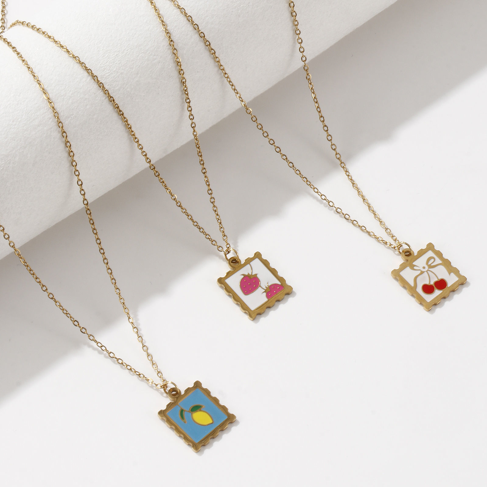 Picture of Eco-friendly PVD Vacuum Plating Sweet & Cute 18K Real Gold Plated Multicolor 304 Stainless Steel Link Cable Chain Square Fruit Enamel Pendant Charm Necklace For Women Gift 45cm(17.7") + 5cm(2") long