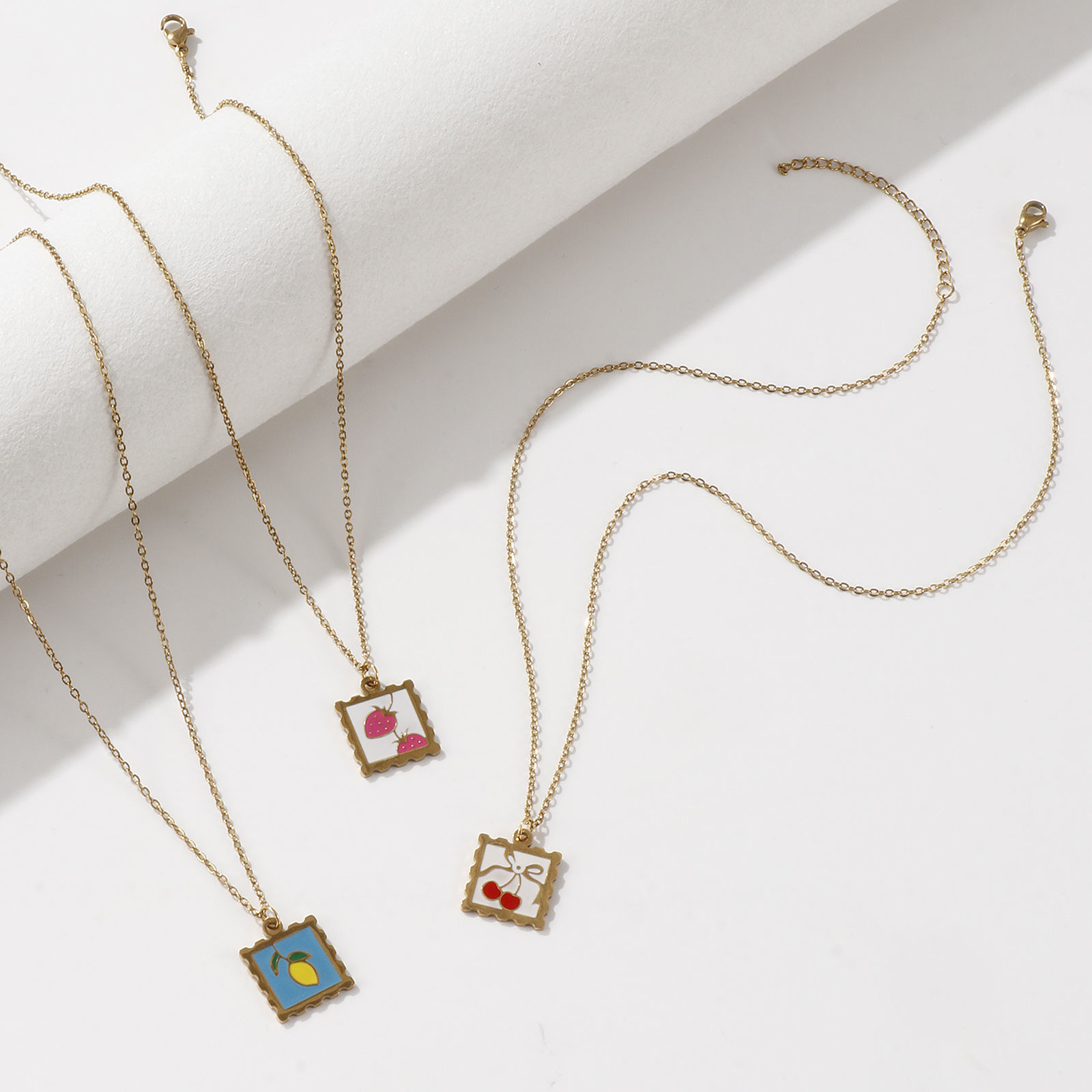 Picture of Eco-friendly PVD Vacuum Plating Sweet & Cute 18K Real Gold Plated Multicolor 304 Stainless Steel Link Cable Chain Square Fruit Enamel Pendant Charm Necklace For Women Gift 45cm(17.7") + 5cm(2") long