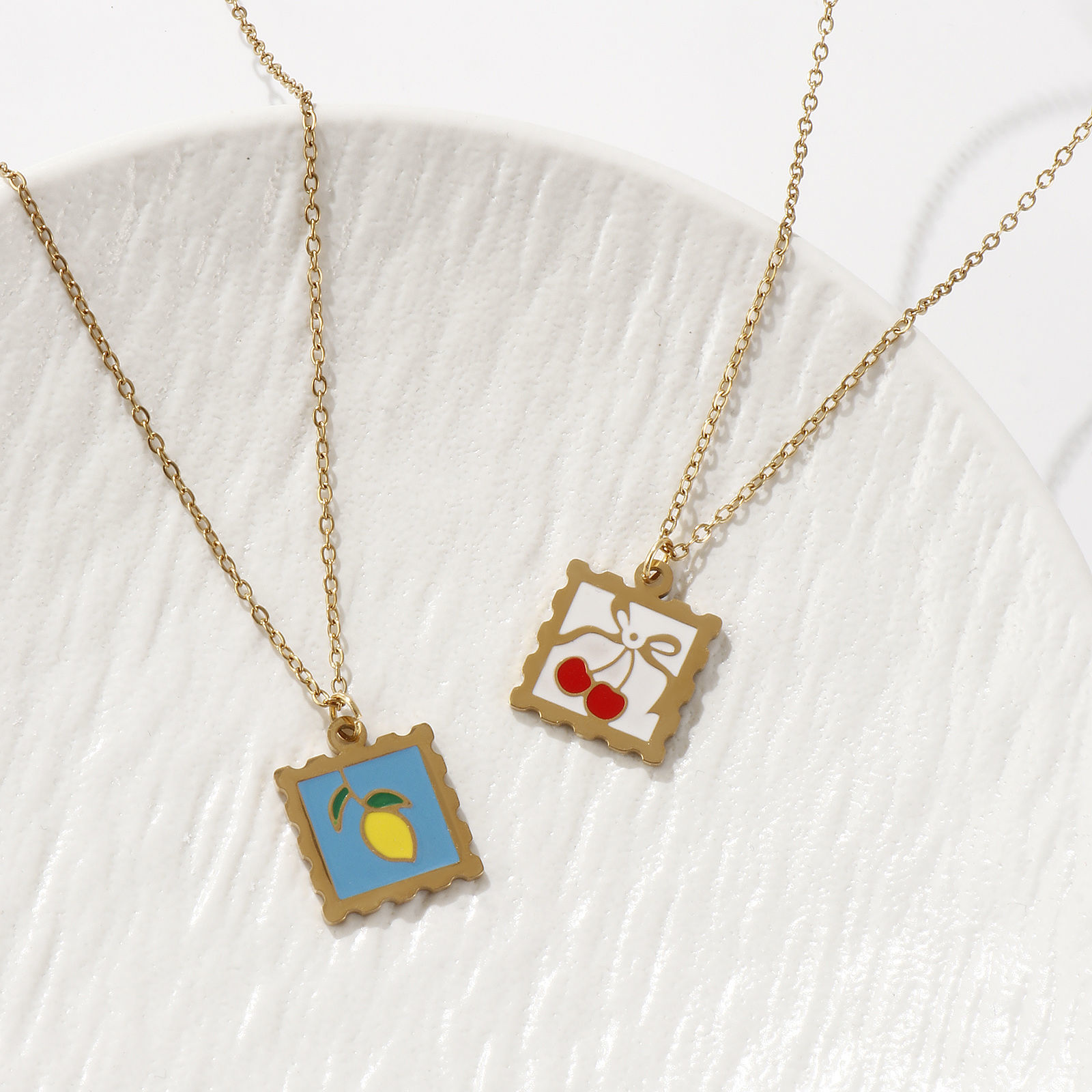 Picture of Eco-friendly PVD Vacuum Plating Sweet & Cute 18K Real Gold Plated Multicolor 304 Stainless Steel Link Cable Chain Square Fruit Enamel Pendant Charm Necklace For Women Gift 45cm(17.7") + 5cm(2") long