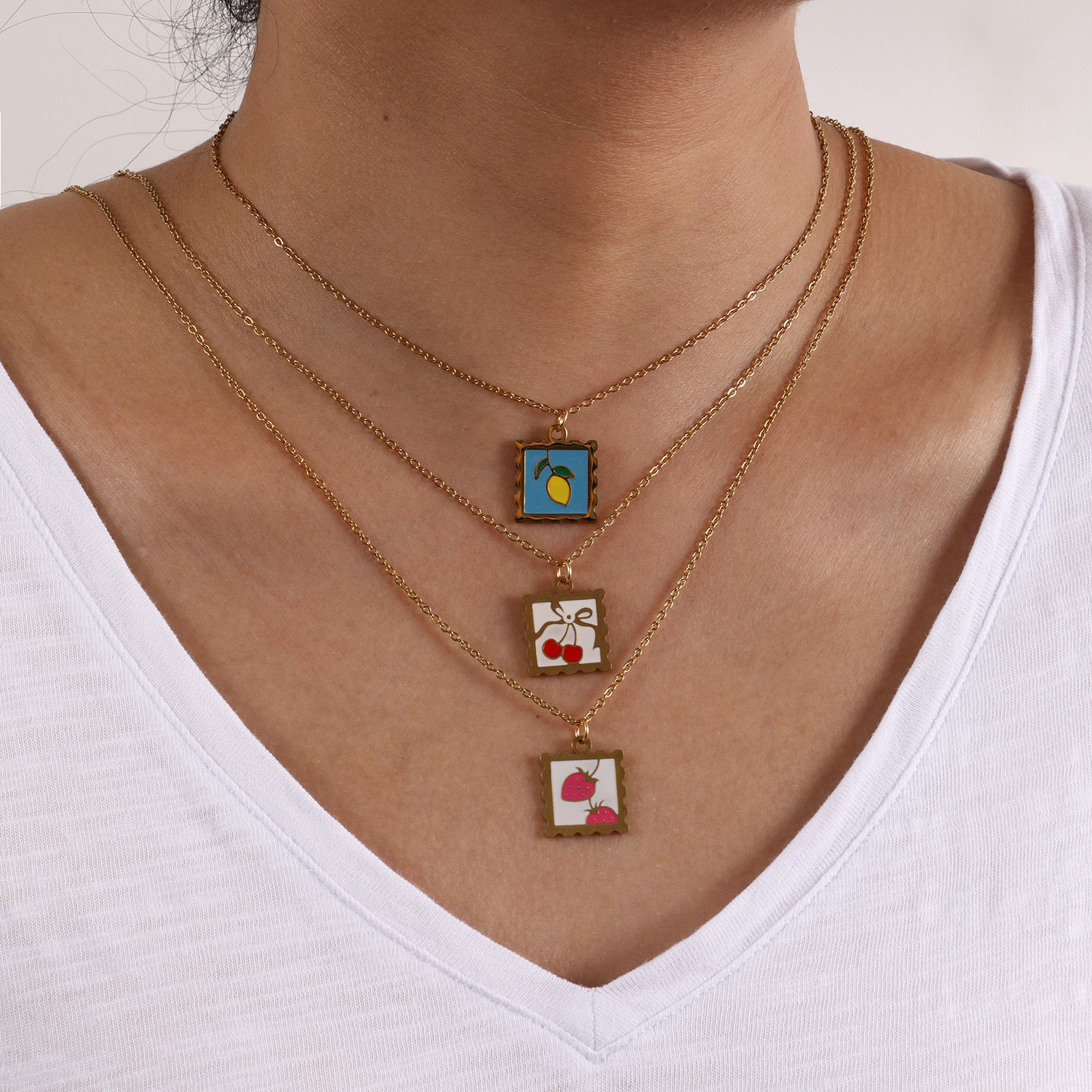 Picture of Eco-friendly PVD Vacuum Plating Sweet & Cute 18K Real Gold Plated Multicolor 304 Stainless Steel Link Cable Chain Square Fruit Enamel Pendant Charm Necklace For Women Gift 45cm(17.7") + 5cm(2") long