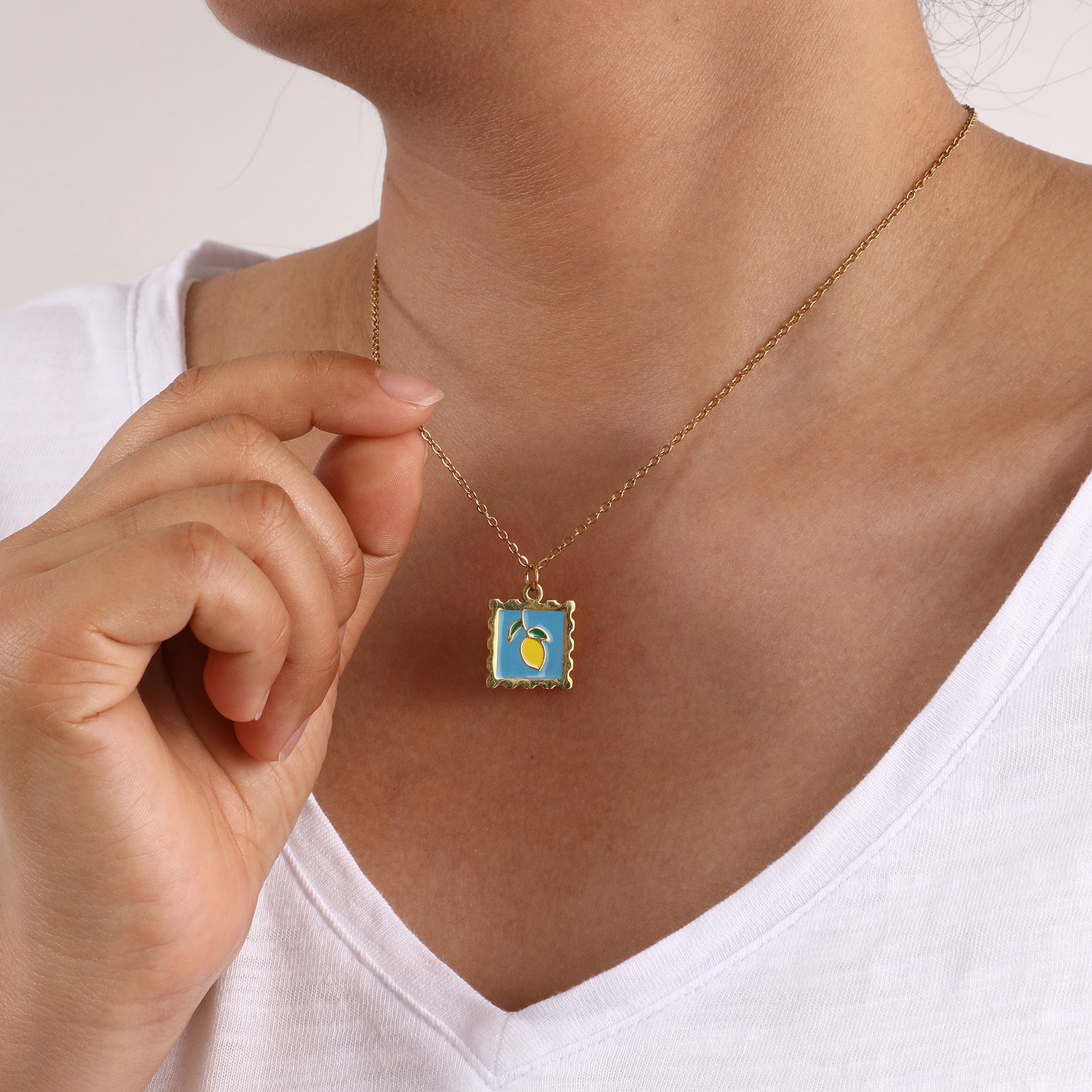 Picture of Eco-friendly PVD Vacuum Plating Sweet & Cute 18K Real Gold Plated Multicolor 304 Stainless Steel Link Cable Chain Square Fruit Enamel Pendant Charm Necklace For Women Gift 45cm(17.7") + 5cm(2") long