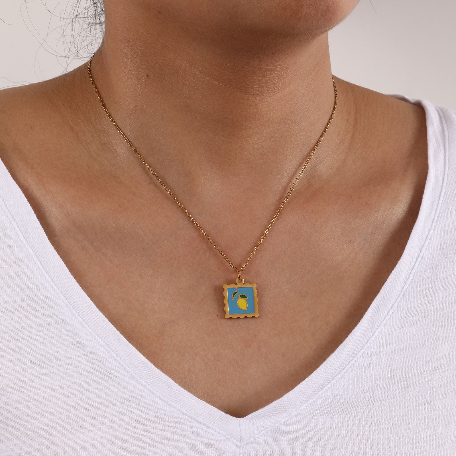 Picture of Eco-friendly PVD Vacuum Plating Sweet & Cute 18K Real Gold Plated Multicolor 304 Stainless Steel Link Cable Chain Square Fruit Enamel Pendant Charm Necklace For Women Gift 45cm(17.7") + 5cm(2") long