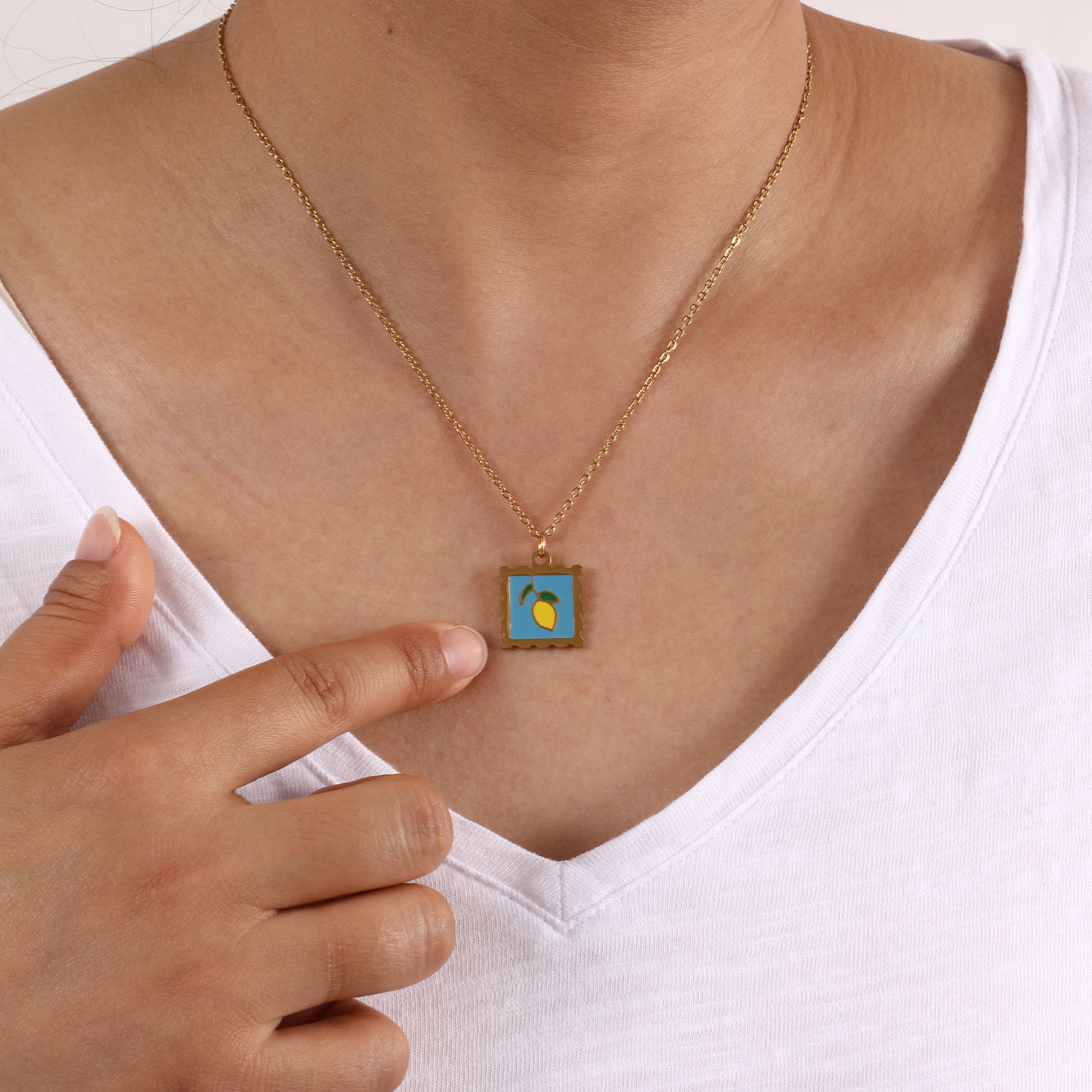 Picture of Eco-friendly PVD Vacuum Plating Sweet & Cute 18K Real Gold Plated Multicolor 304 Stainless Steel Link Cable Chain Square Fruit Enamel Pendant Charm Necklace For Women Gift 45cm(17.7") + 5cm(2") long