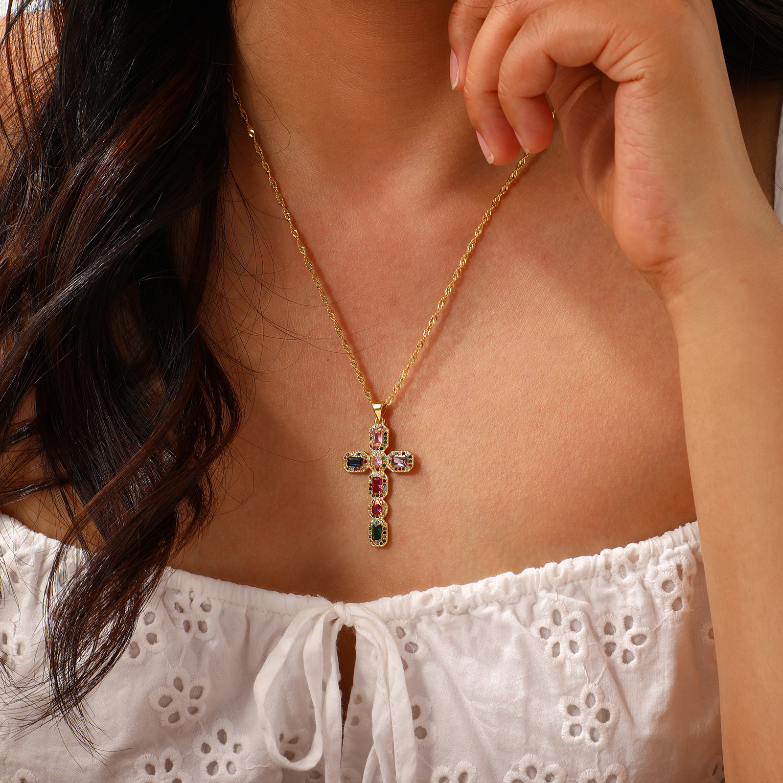 Picture of Eco-friendly Retro Religious 18K Real Gold Plated Brass Wave Twisted Chain Cross Micro Pave Pendant Charm Necklace Unisex 45cm(17.7") + 5cm(2") long