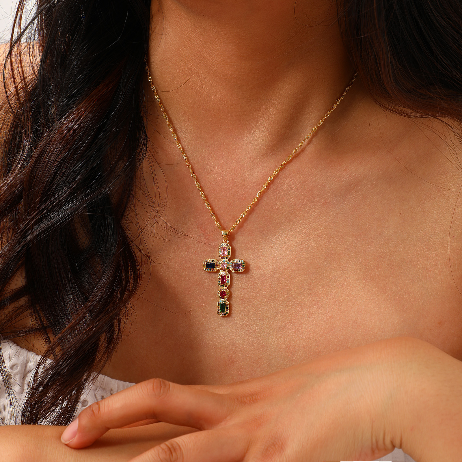Picture of Eco-friendly Retro Religious 18K Real Gold Plated Brass Wave Twisted Chain Cross Micro Pave Pendant Charm Necklace Unisex 45cm(17.7") + 5cm(2") long
