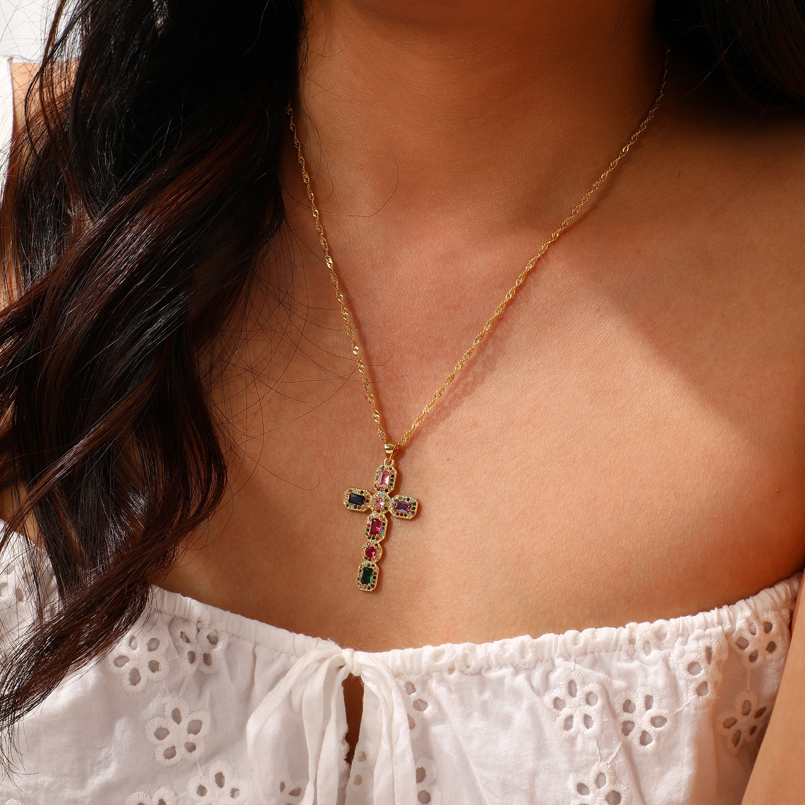 Picture of Eco-friendly Retro Religious 18K Real Gold Plated Brass Wave Twisted Chain Cross Micro Pave Pendant Charm Necklace Unisex 45cm(17.7") + 5cm(2") long