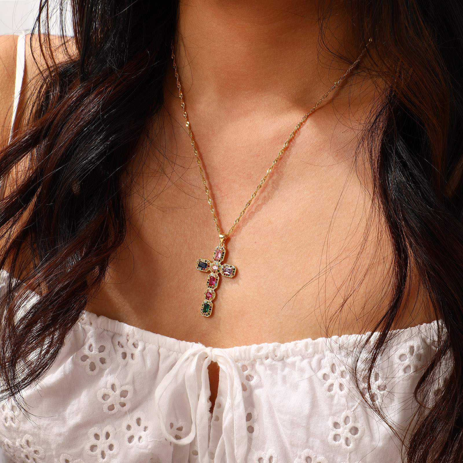 Picture of Eco-friendly Retro Religious 18K Real Gold Plated Brass Wave Twisted Chain Cross Micro Pave Pendant Charm Necklace Unisex 45cm(17.7") + 5cm(2") long