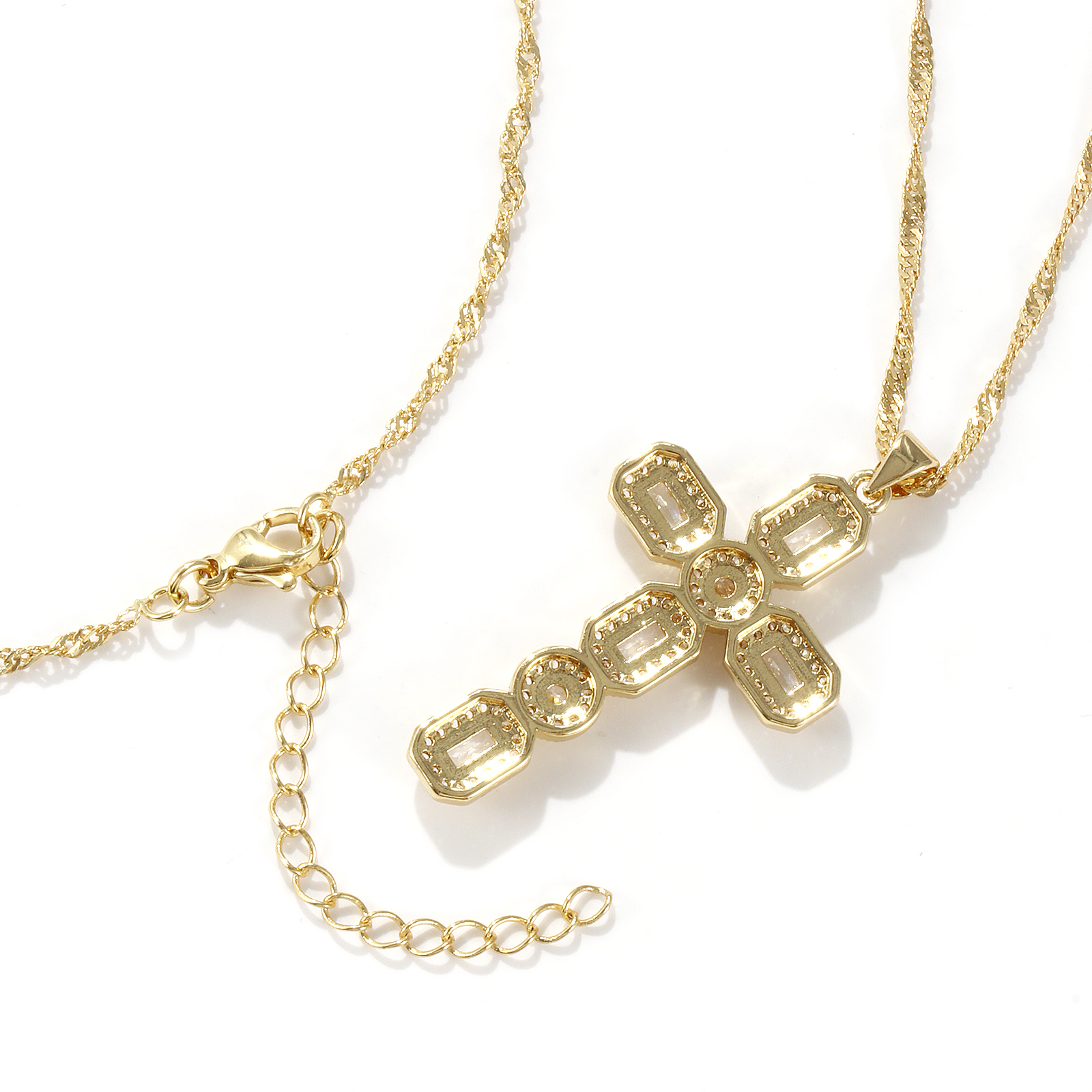 Picture of Eco-friendly Retro Religious 18K Real Gold Plated Brass Wave Twisted Chain Cross Micro Pave Pendant Charm Necklace Unisex 45cm(17.7") + 5cm(2") long