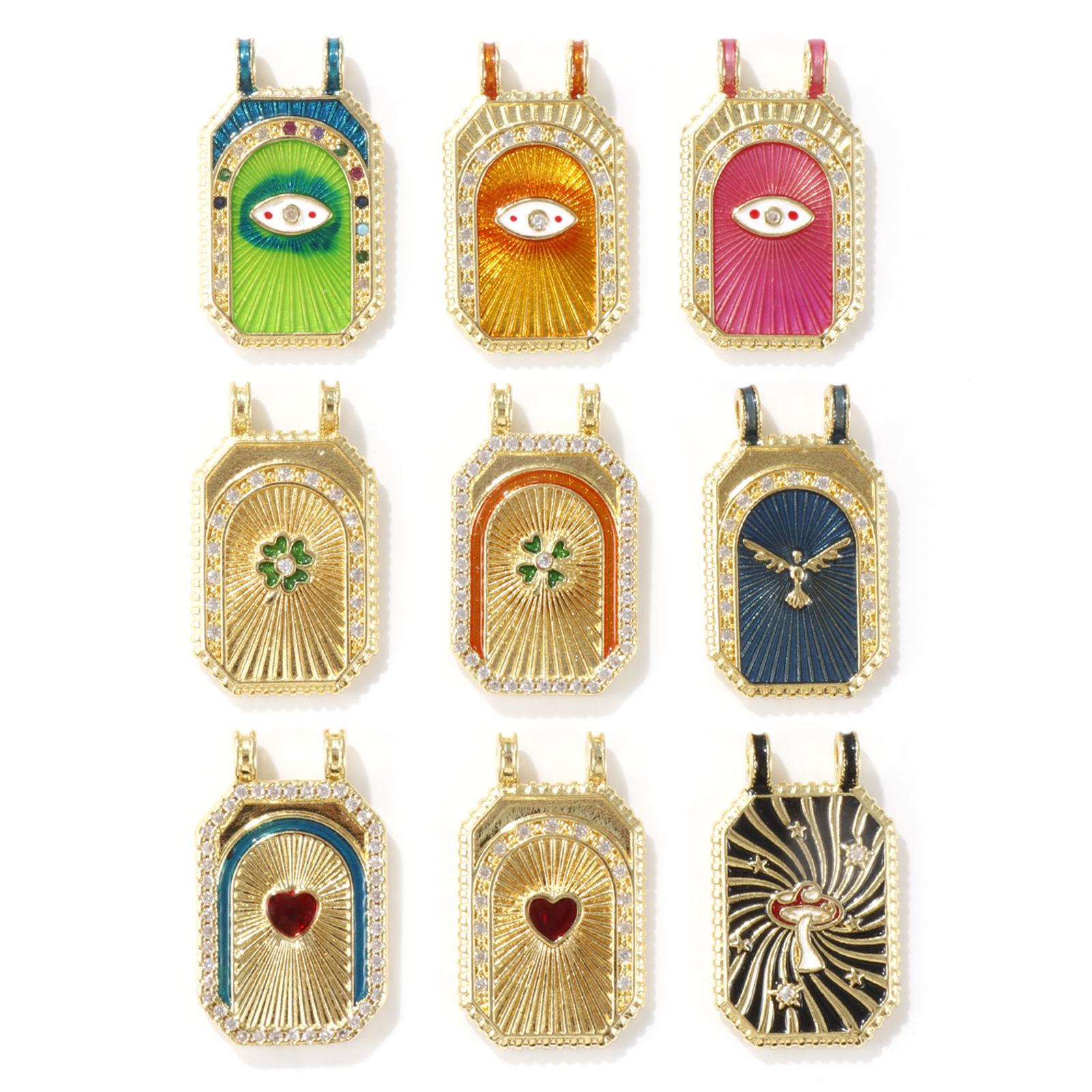 Picture of Eco-friendly Brass Micro Pave Pendants 18K Real Gold Plated Octagon Enamel Clear Cubic Zirconia 3cm x 1.8cm