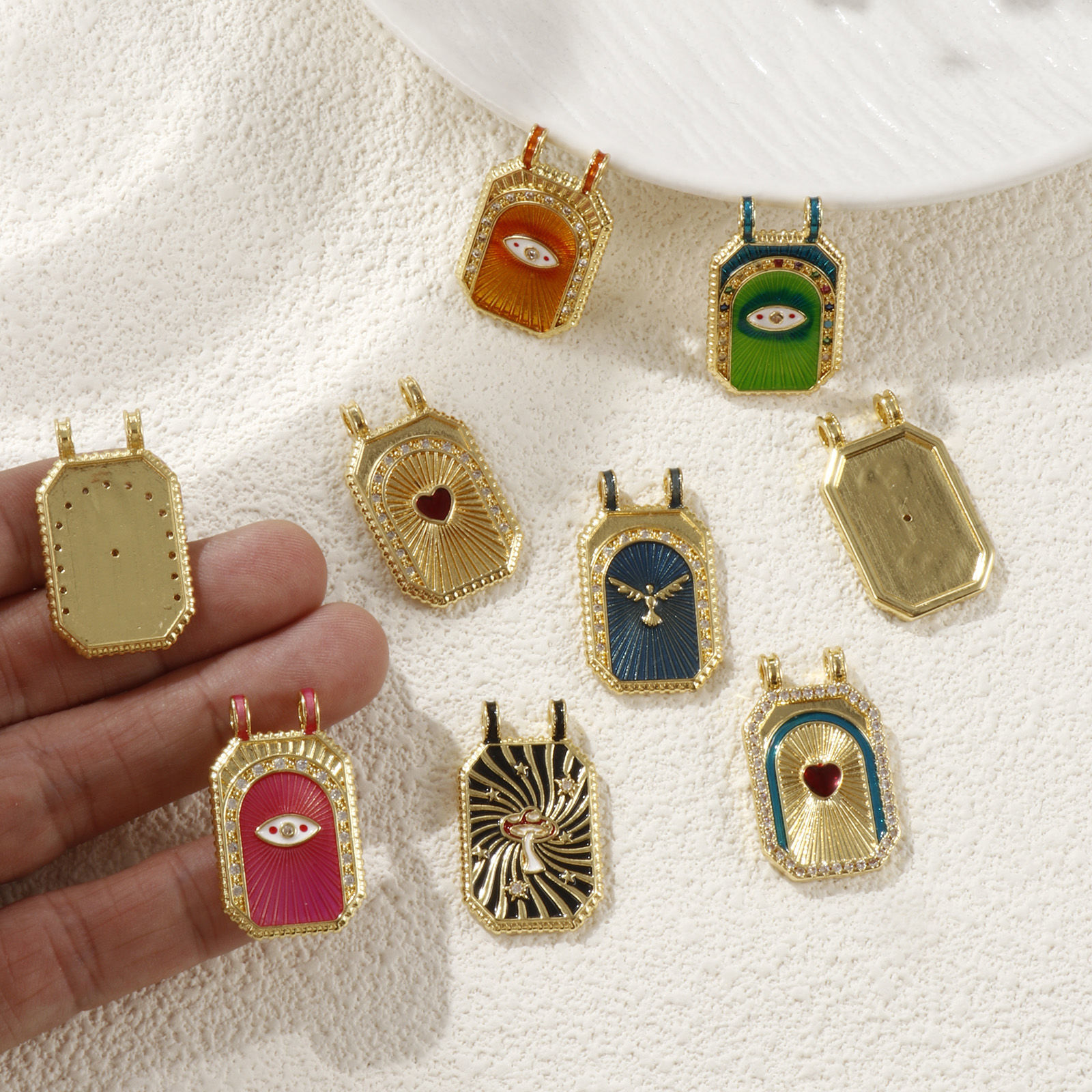 Picture of Eco-friendly Brass Micro Pave Pendants 18K Real Gold Plated Octagon Enamel Clear Cubic Zirconia 3cm x 1.8cm