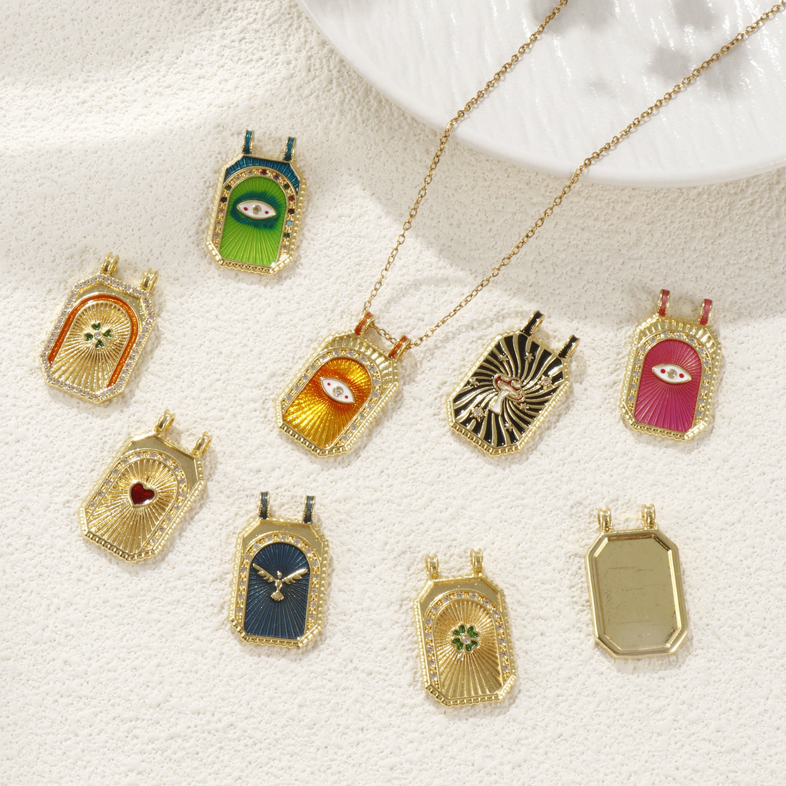 Picture of Eco-friendly Brass Micro Pave Pendants 18K Real Gold Plated Octagon Enamel Clear Cubic Zirconia 3cm x 1.8cm