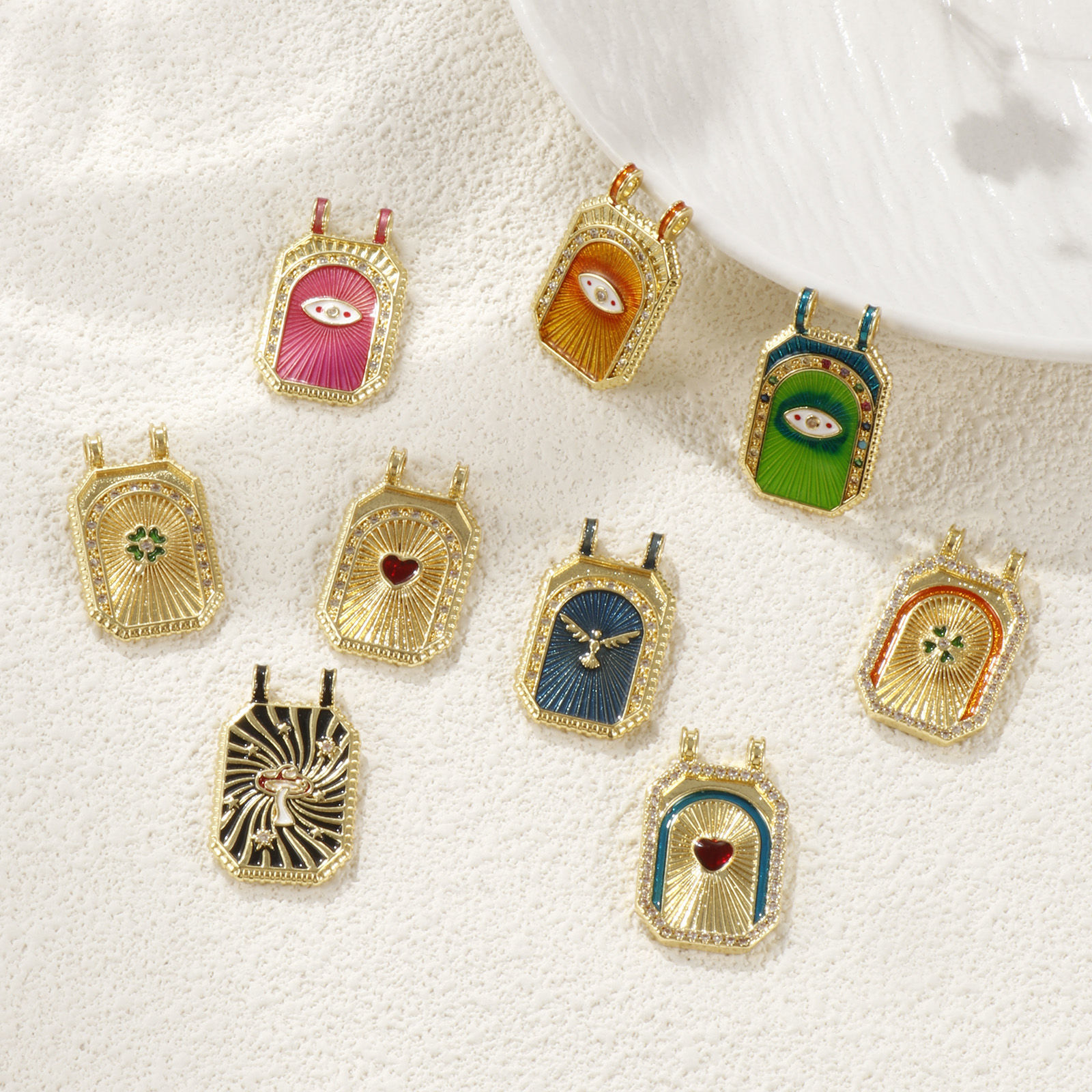 Picture of Eco-friendly Brass Micro Pave Pendants 18K Real Gold Plated Octagon Enamel Clear Cubic Zirconia 3cm x 1.8cm