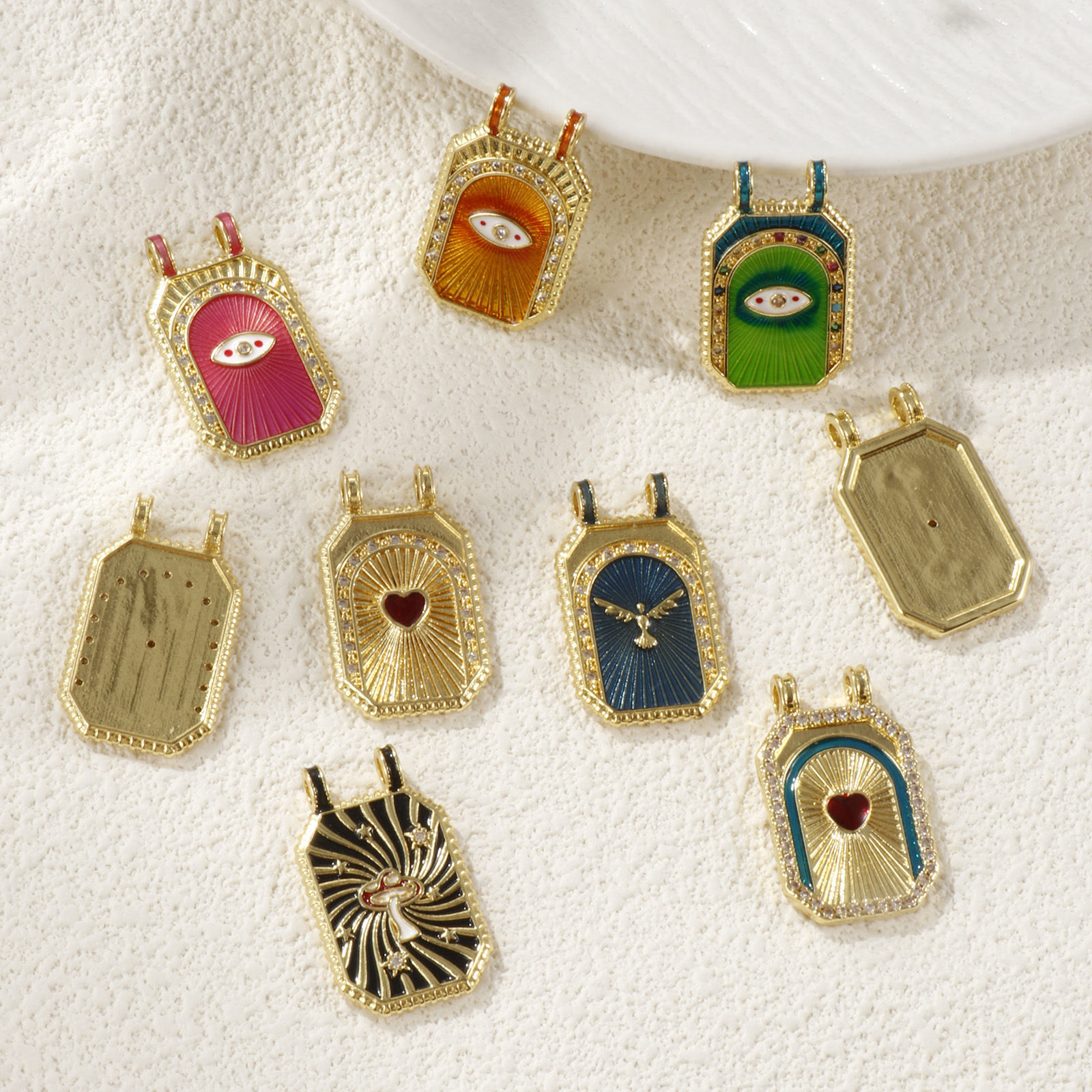 Picture of Eco-friendly Brass Micro Pave Pendants 18K Real Gold Plated Octagon Enamel Clear Cubic Zirconia 3cm x 1.8cm