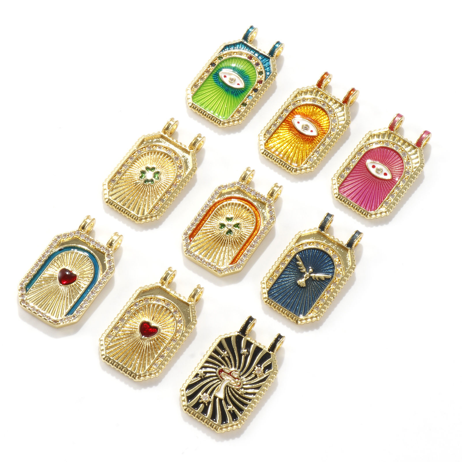 Picture of Eco-friendly Brass Micro Pave Pendants 18K Real Gold Plated Octagon Enamel Clear Cubic Zirconia 3cm x 1.8cm