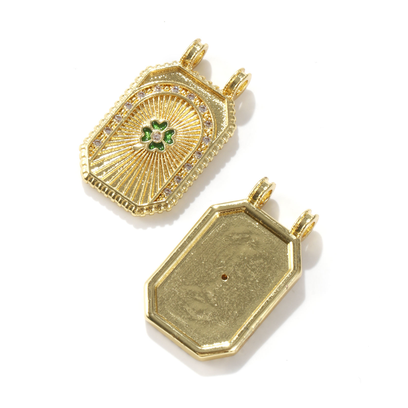 Picture of Eco-friendly Brass Micro Pave Pendants 18K Real Gold Plated Octagon Enamel Clear Cubic Zirconia 3cm x 1.8cm