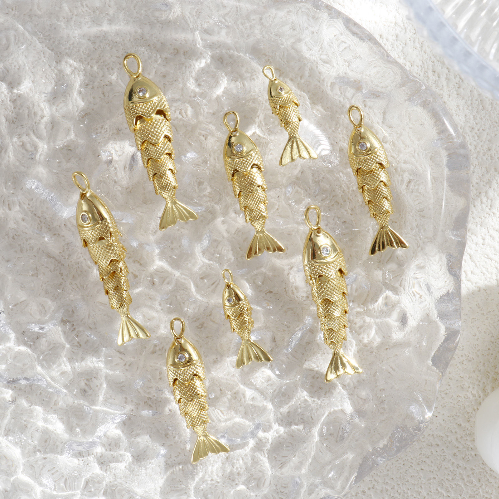 Picture of Eco-friendly Brass Ocean Jewelry Charms 18K Real Gold Plated Fish Animal Movable Clear Cubic Zirconia