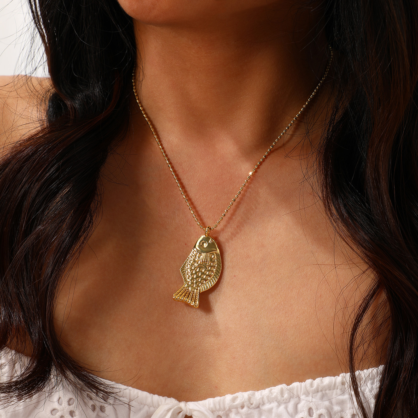 Picture of Eco-friendly Bohemia Boho Ocean Jewelry 18K Real Gold Plated Brass Ball Chain Fish Animal Pendant Charm Necklace Unisex Gift 45cm(17.7") + 5cm(2") long