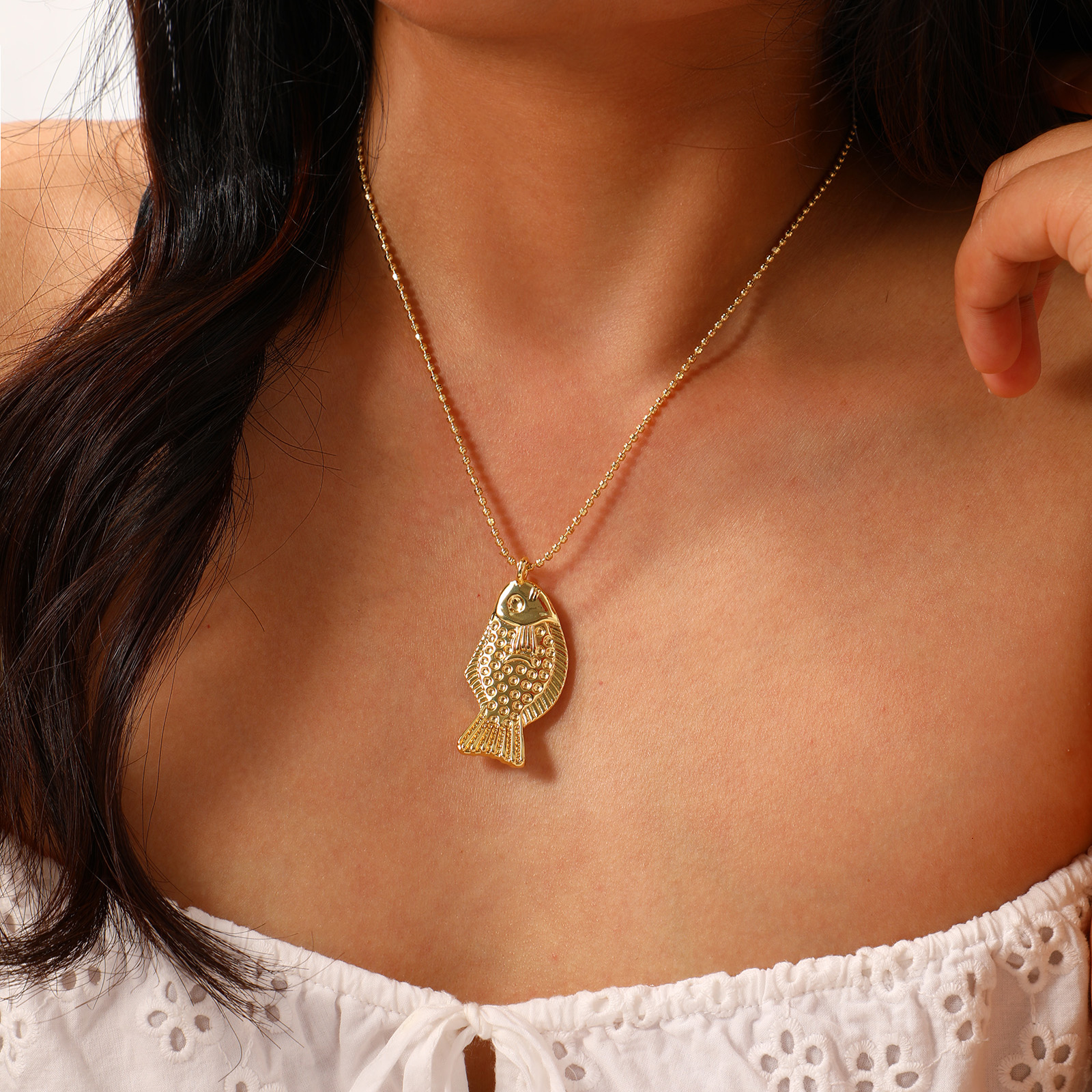 Picture of Eco-friendly Bohemia Boho Ocean Jewelry 18K Real Gold Plated Brass Ball Chain Fish Animal Pendant Charm Necklace Unisex Gift 45cm(17.7") + 5cm(2") long