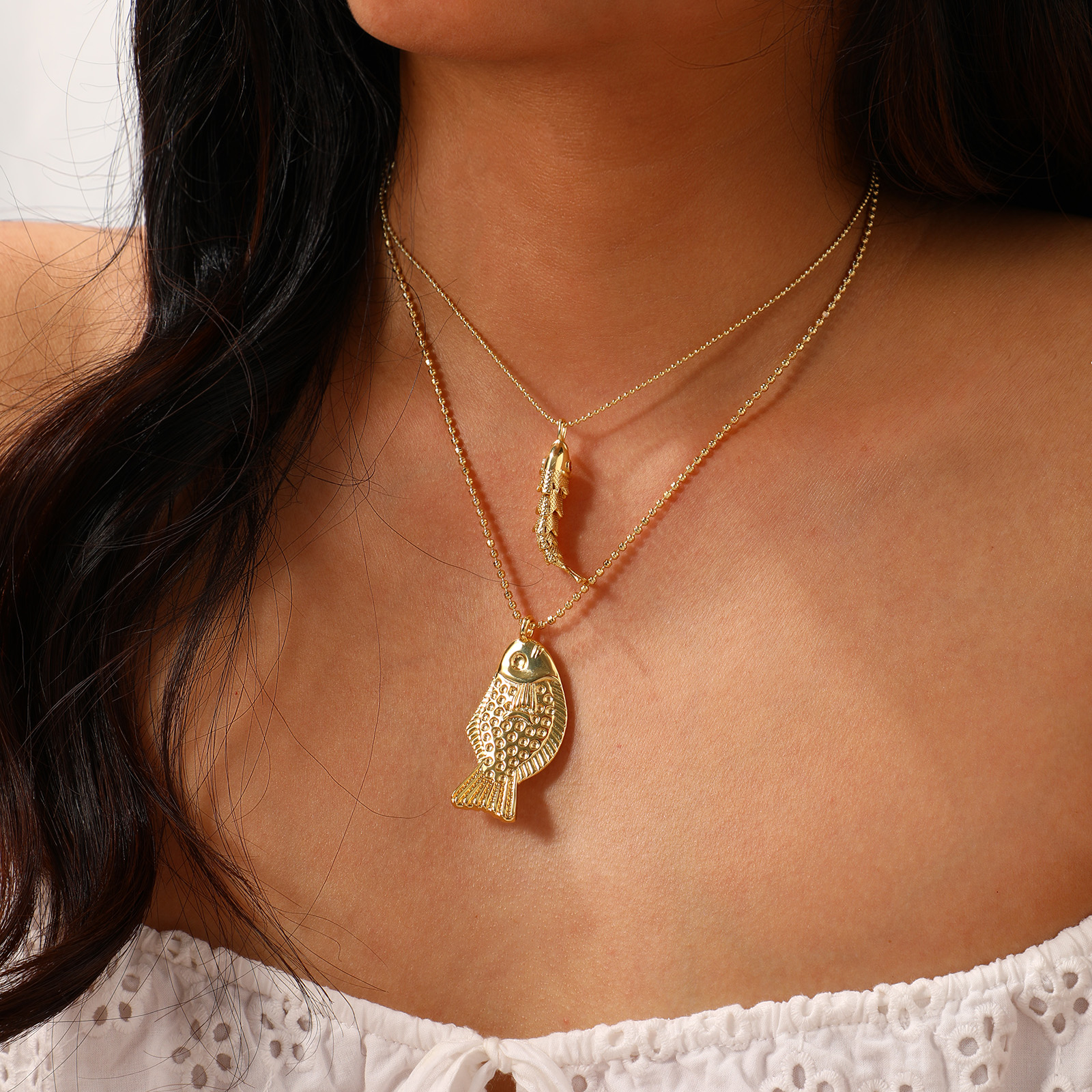 Picture of Eco-friendly Bohemia Boho Ocean Jewelry 18K Real Gold Plated Brass Ball Chain Fish Animal Pendant Charm Necklace Unisex Gift 45cm(17.7") + 5cm(2") long