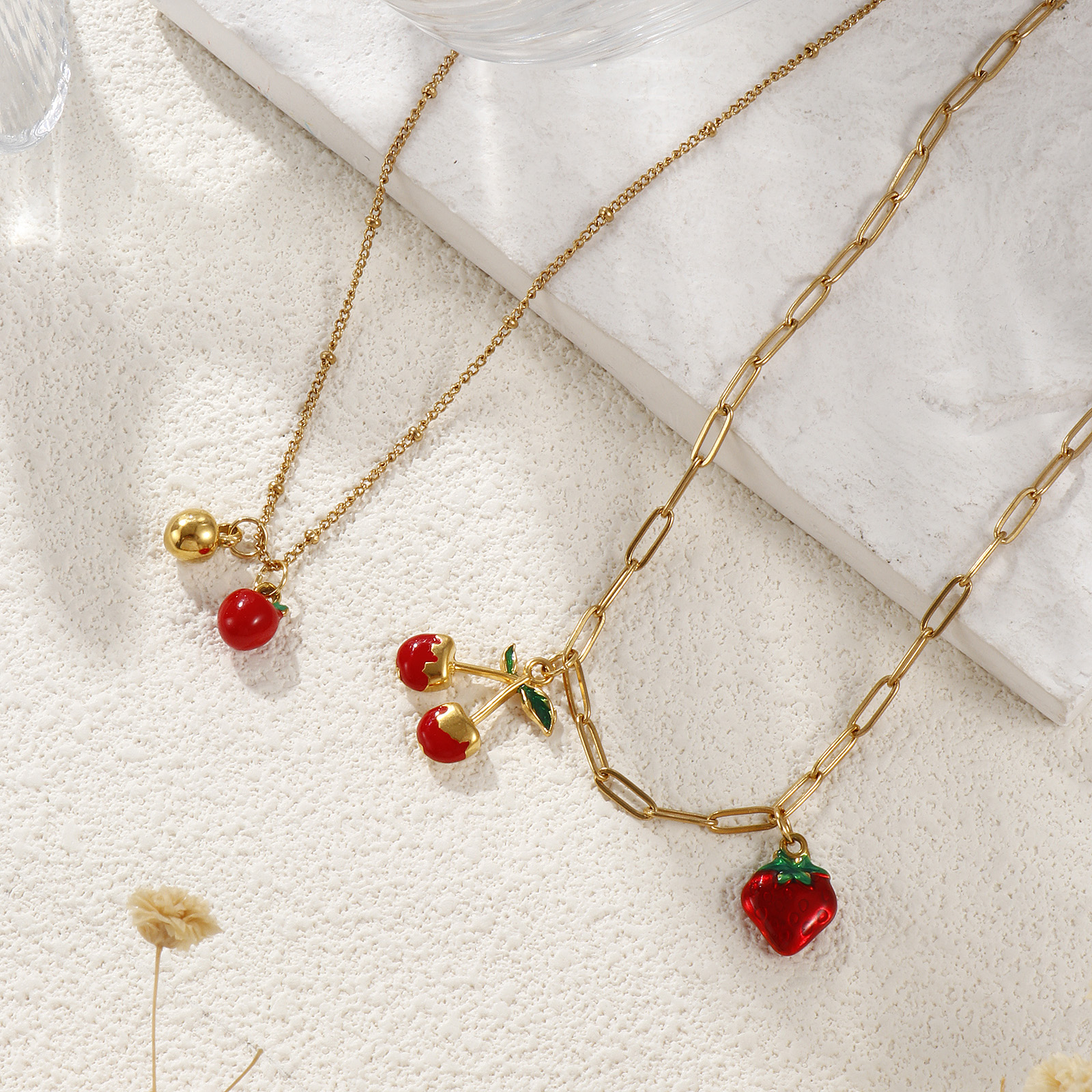 Picture of Eco-friendly PVD Vacuum Plating Natural Pastoral Cute 18K Real Gold Plated Red 304 Stainless Steel Fruit Enamel Pendant Charm Necklace For Women Gift