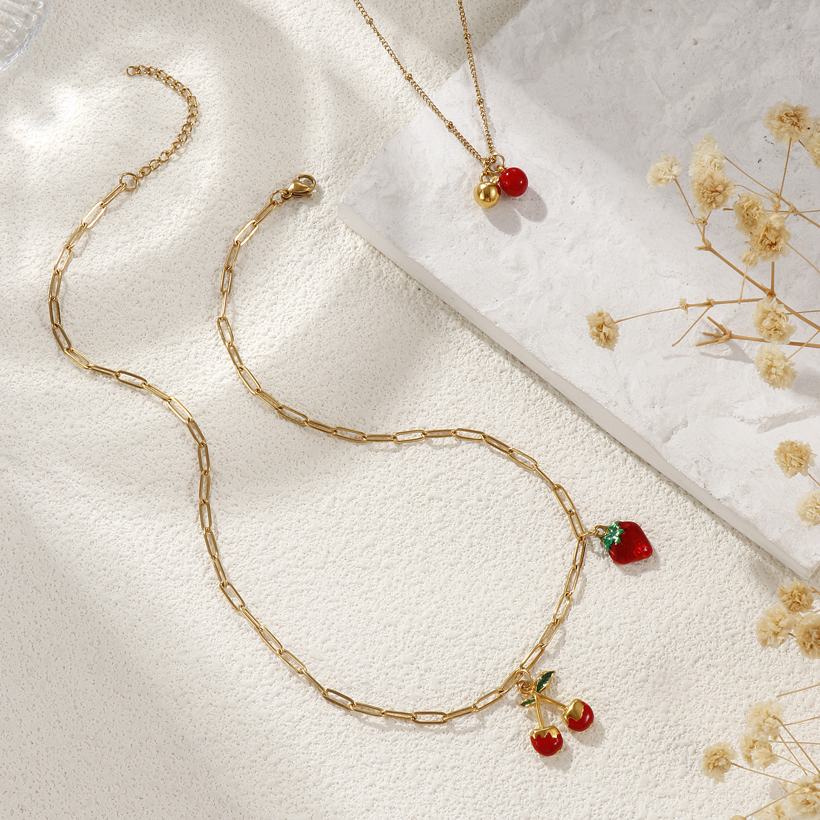 Picture of Eco-friendly PVD Vacuum Plating Natural Pastoral Cute 18K Real Gold Plated Red 304 Stainless Steel Fruit Enamel Pendant Charm Necklace For Women Gift
