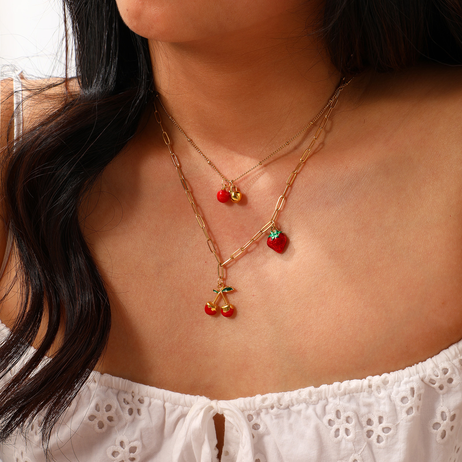 Picture of Eco-friendly PVD Vacuum Plating Natural Pastoral Cute 18K Real Gold Plated Red 304 Stainless Steel Fruit Enamel Pendant Charm Necklace For Women Gift