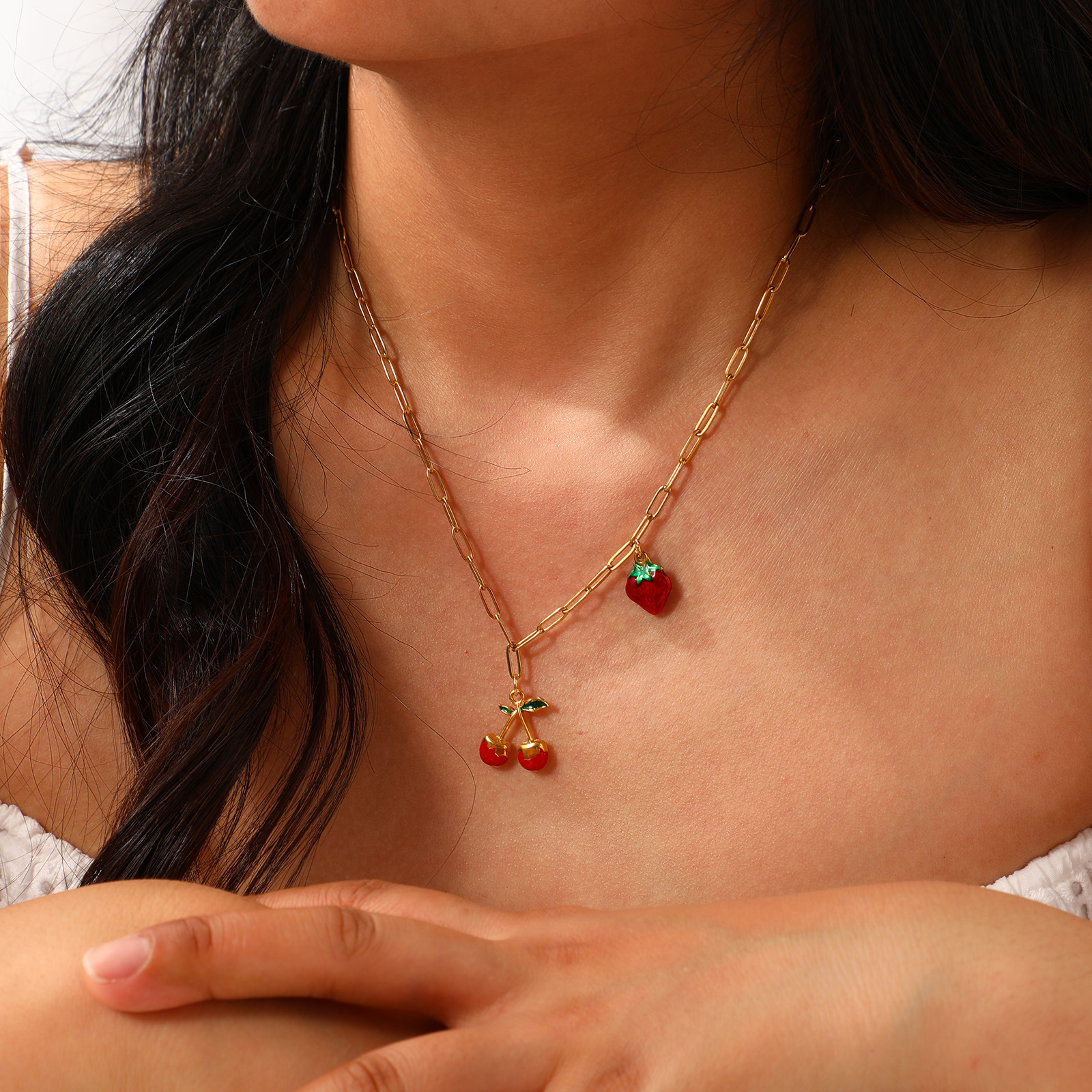 Picture of Eco-friendly PVD Vacuum Plating Natural Pastoral Cute 18K Real Gold Plated Red 304 Stainless Steel Fruit Enamel Pendant Charm Necklace For Women Gift