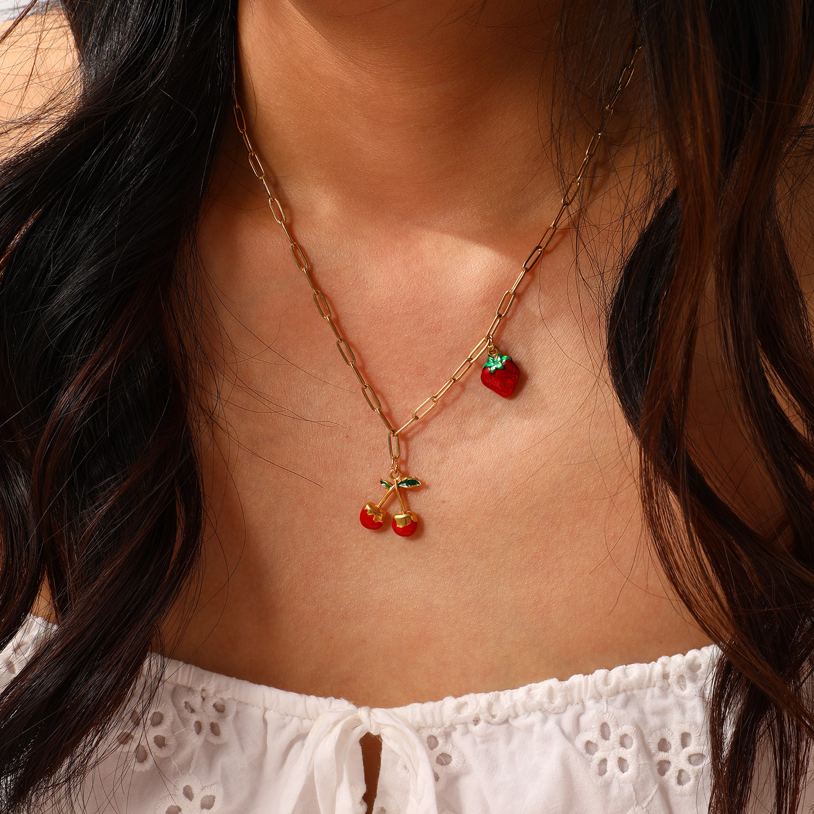 Picture of Eco-friendly PVD Vacuum Plating Natural Pastoral Cute 18K Real Gold Plated Red 304 Stainless Steel Fruit Enamel Pendant Charm Necklace For Women Gift