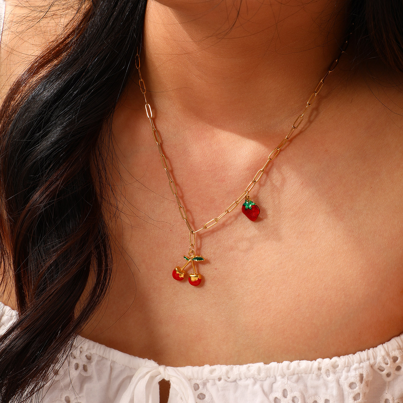 Picture of Eco-friendly PVD Vacuum Plating Natural Pastoral Cute 18K Real Gold Plated Red 304 Stainless Steel Fruit Enamel Pendant Charm Necklace For Women Gift