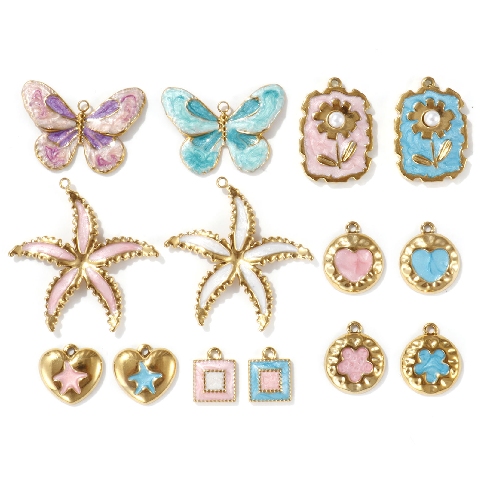 Picture of Eco-friendly PVD Vacuum Plating 304 Stainless Steel Charms 18K Real Gold Plated Multicolor Enamel Butterfly Animal Star Fish