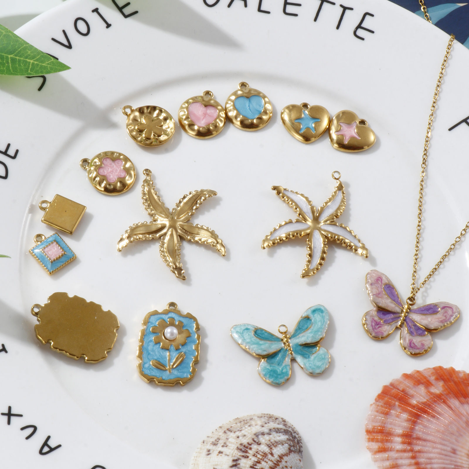Picture of Eco-friendly PVD Vacuum Plating 304 Stainless Steel Charms 18K Real Gold Plated Multicolor Enamel Butterfly Animal Star Fish