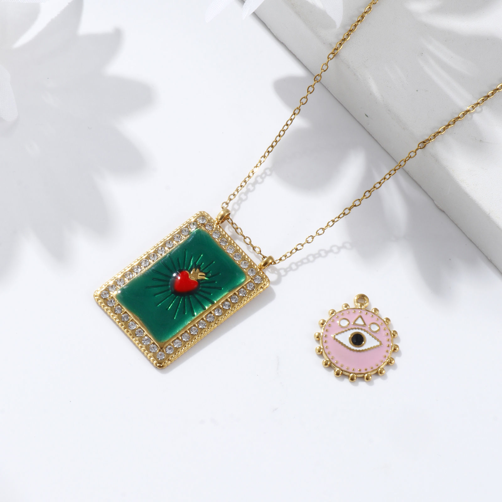 Picture of Eco-friendly PVD Vacuum Plating 304 Stainless Steel Religious Charms 18K Real Gold Plated Multicolor Enamel Ex Voto Heart Eye of Providence/ All-seeing Eye