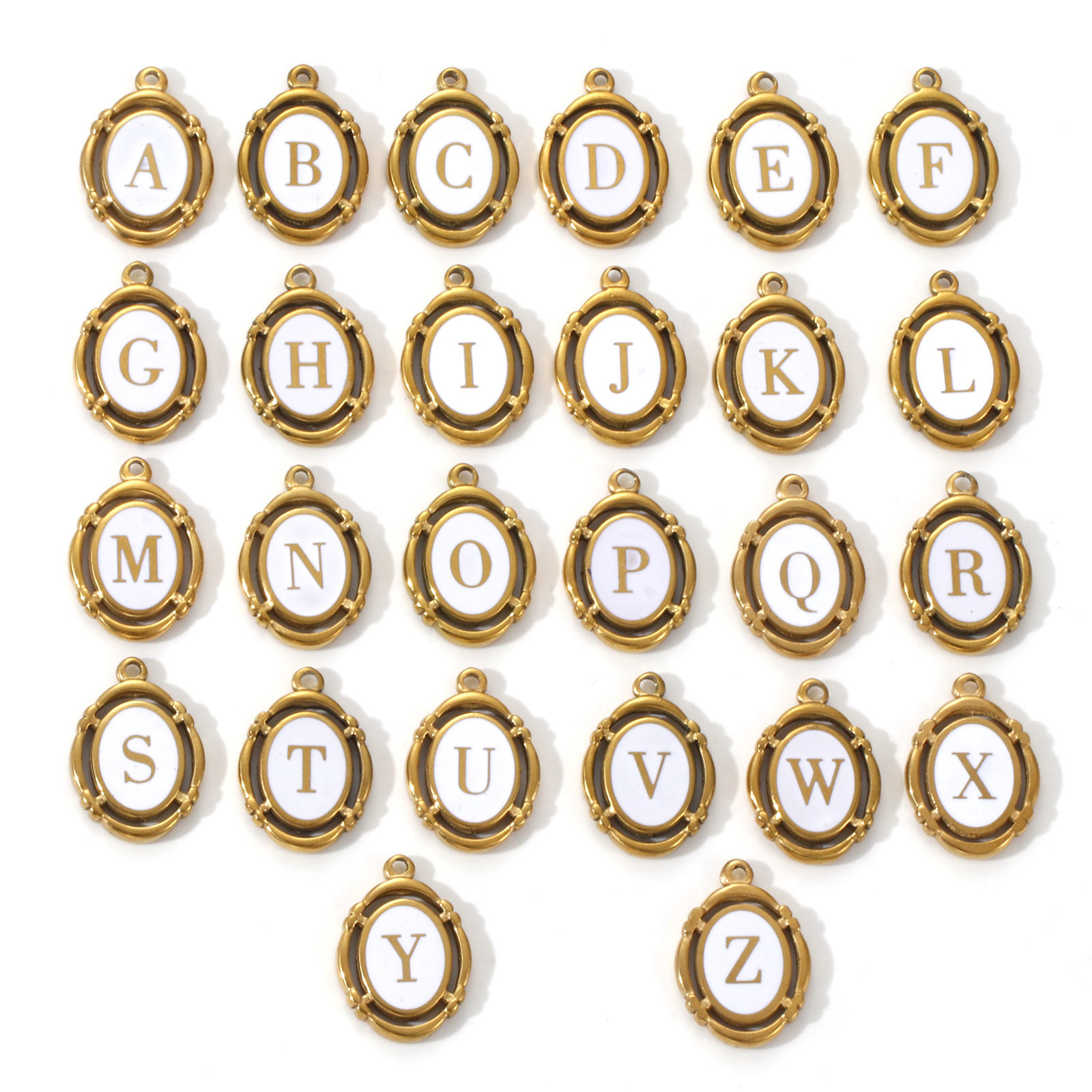 Imagen de 1 Unidad Recubrimiento al Vacío PVD Ecológico 304 Acero Inoxidable Colgantes Chapado en Oro de 18K Blanco Esmalte Óvalo Mayúscula Letra Mensaje " A-Z " Hueco 20mm x 14mm