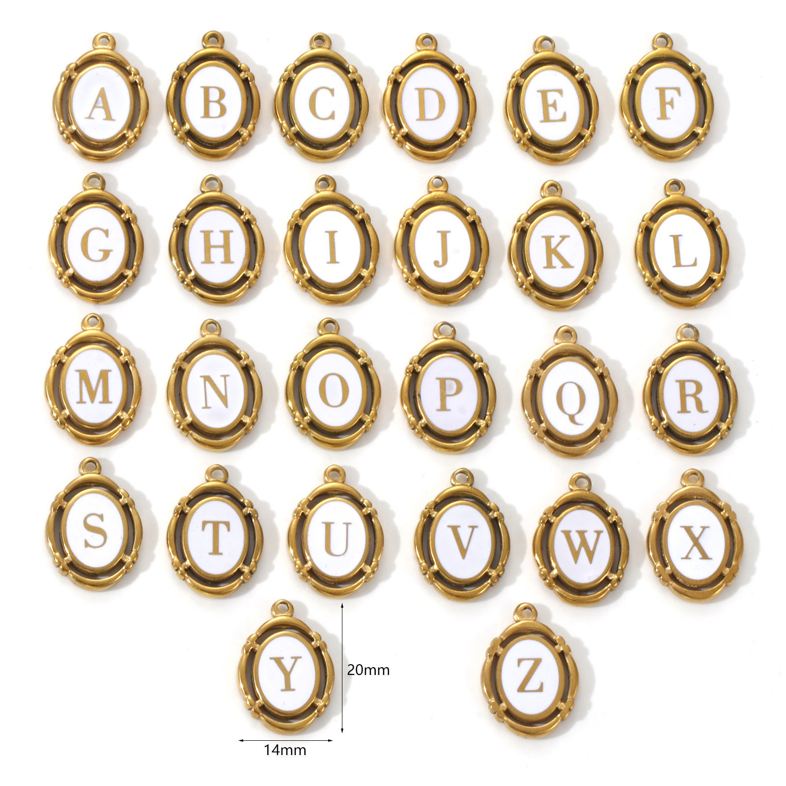Imagen de 1 Unidad Recubrimiento al Vacío PVD Ecológico 304 Acero Inoxidable Colgantes Chapado en Oro de 18K Blanco Esmalte Óvalo Mayúscula Letra Mensaje " A-Z " Hueco 20mm x 14mm
