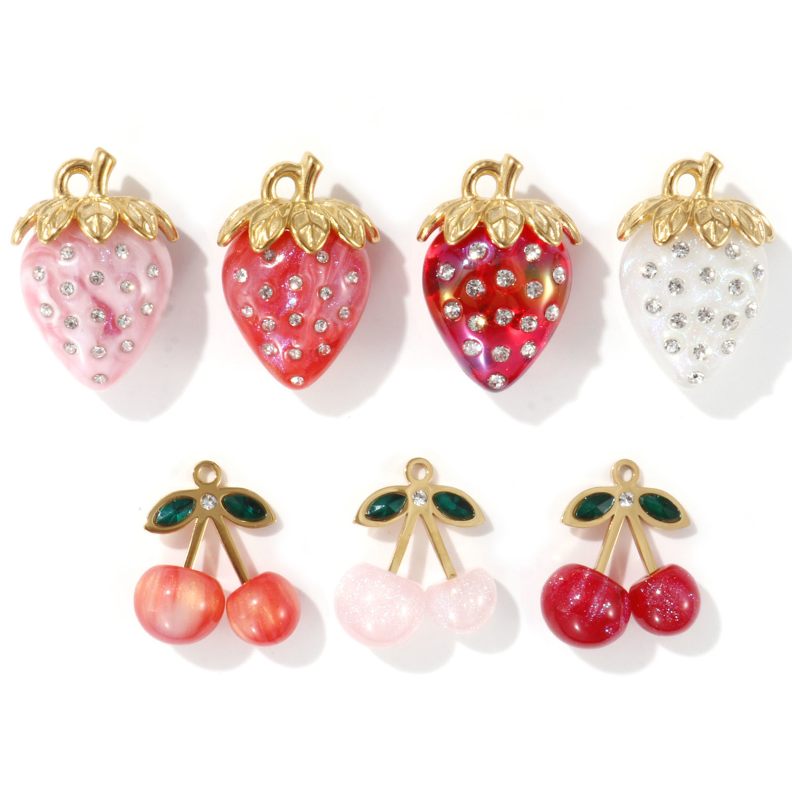 Picture of Eco-friendly PVD Vacuum Plating 304 Stainless Steel & Resin Charms 18K Real Gold Plated Multicolor Fruit Clear Rhinestone