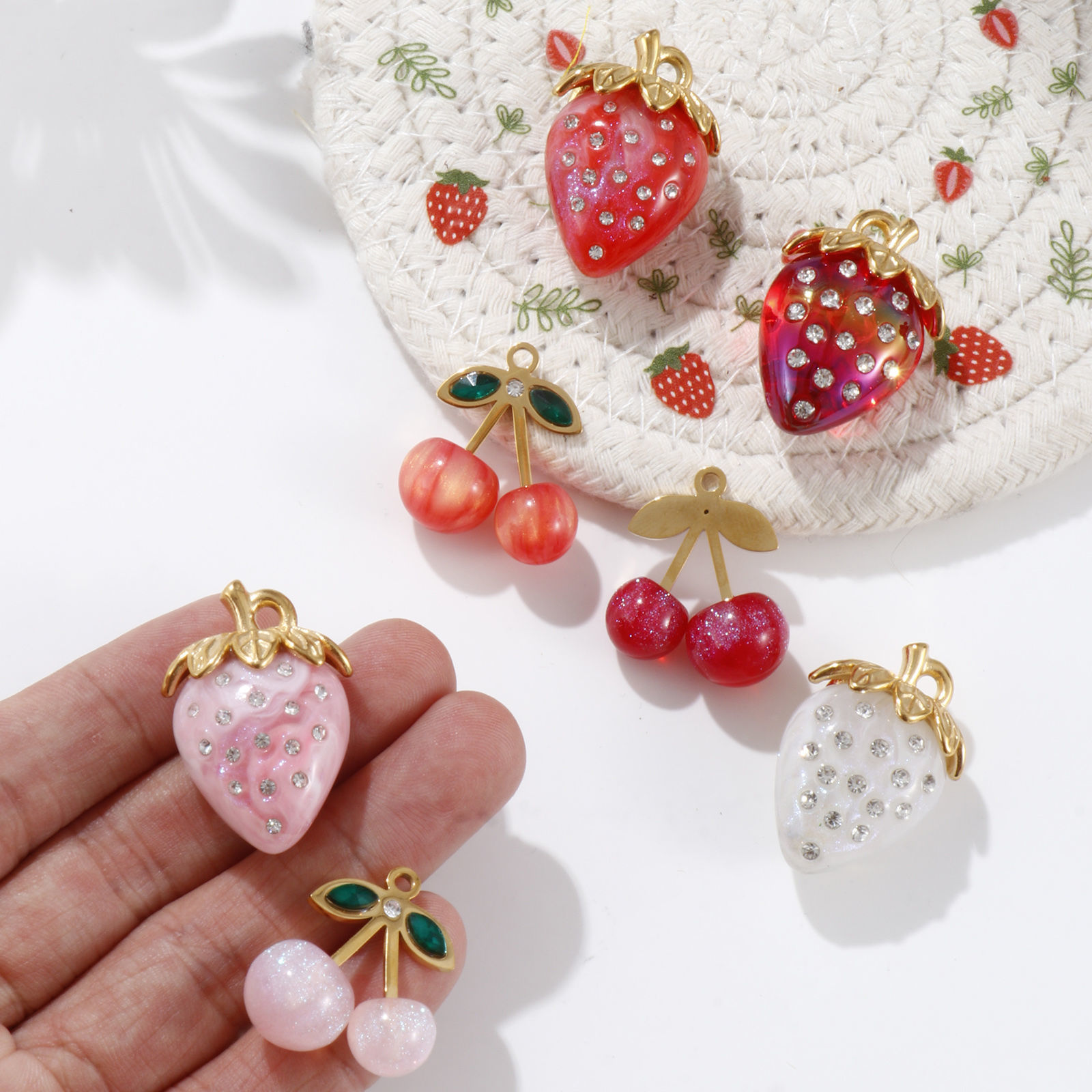 Picture of Eco-friendly PVD Vacuum Plating 304 Stainless Steel & Resin Charms 18K Real Gold Plated Multicolor Fruit Clear Rhinestone