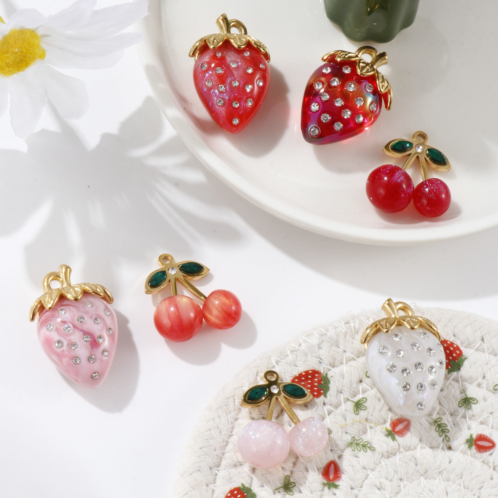 Picture of Eco-friendly PVD Vacuum Plating 304 Stainless Steel & Resin Charms 18K Real Gold Plated Multicolor Fruit Clear Rhinestone