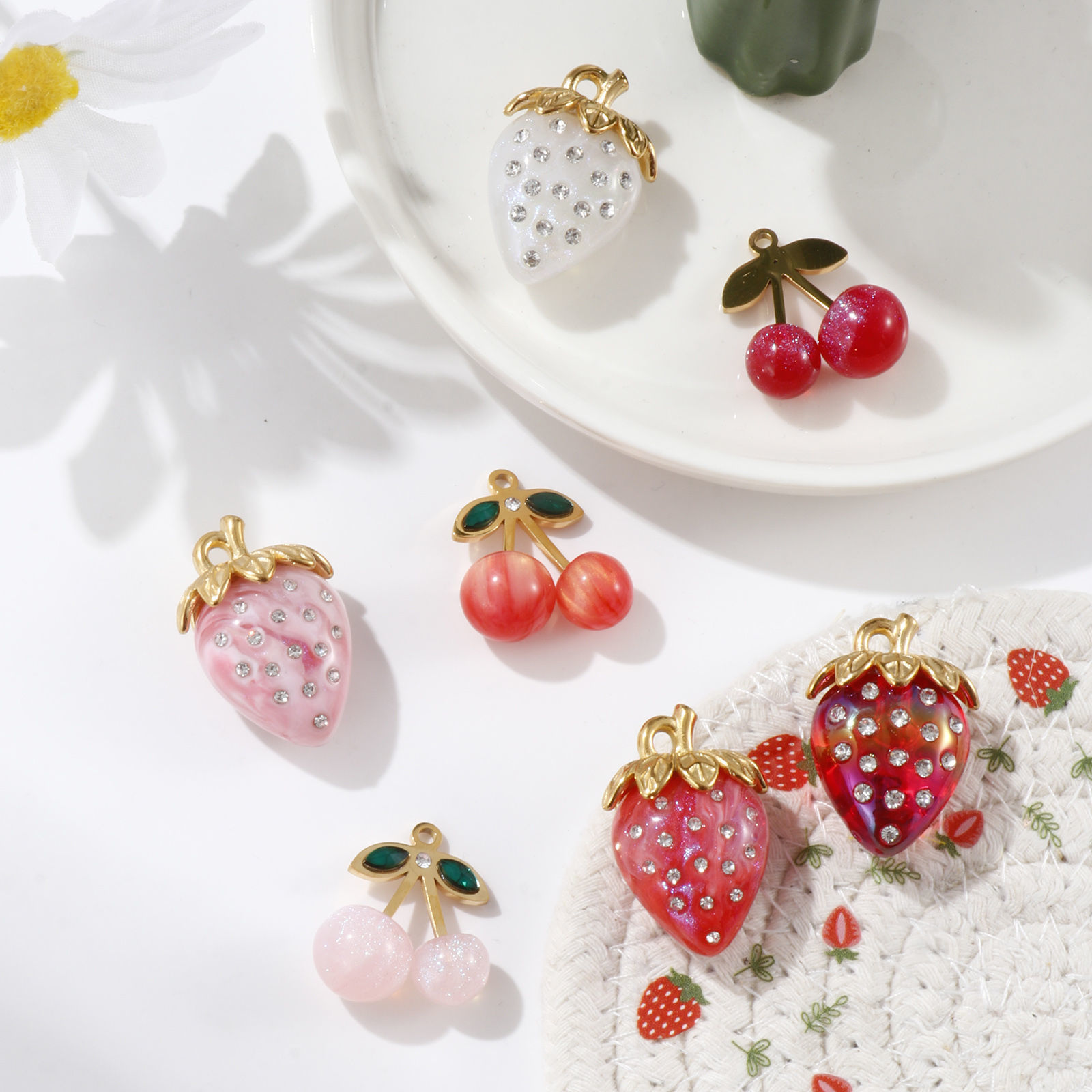 Picture of Eco-friendly PVD Vacuum Plating 304 Stainless Steel & Resin Charms 18K Real Gold Plated Multicolor Fruit Clear Rhinestone