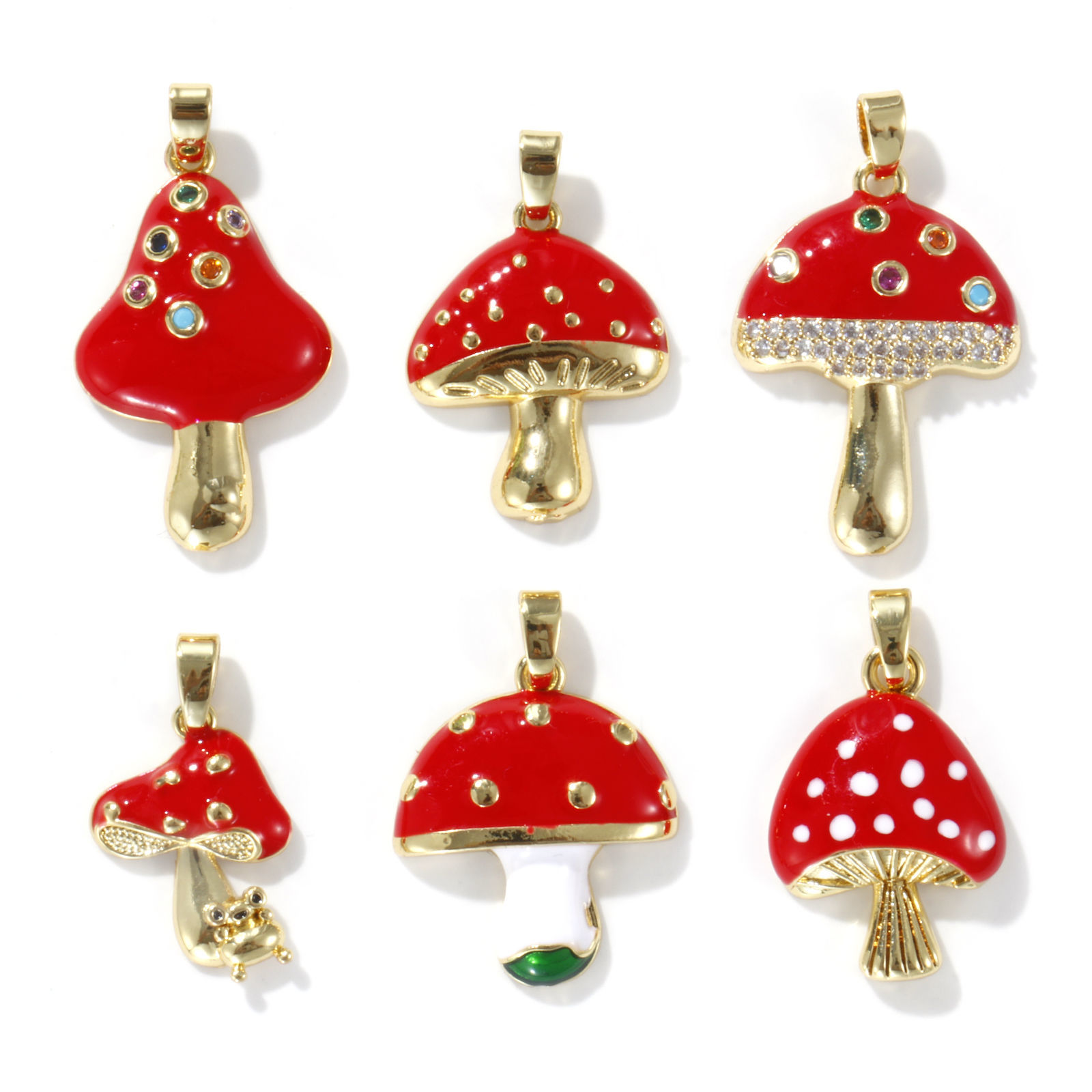 Picture of Eco-friendly Brass Charm Pendant 18K Real Gold Plated Red Mushroom Enamel
