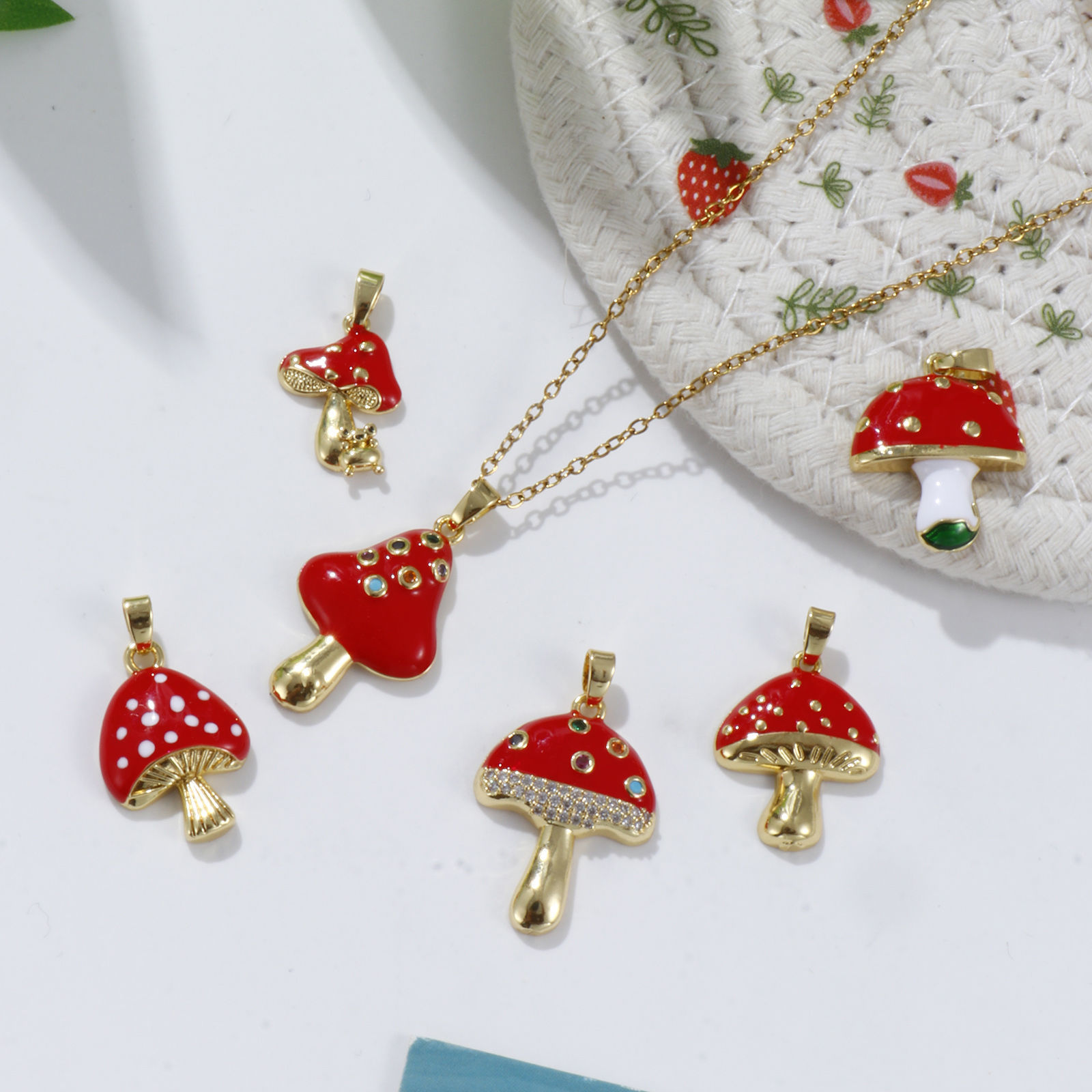 Picture of Eco-friendly Brass Charm Pendant 18K Real Gold Plated Red Mushroom Enamel
