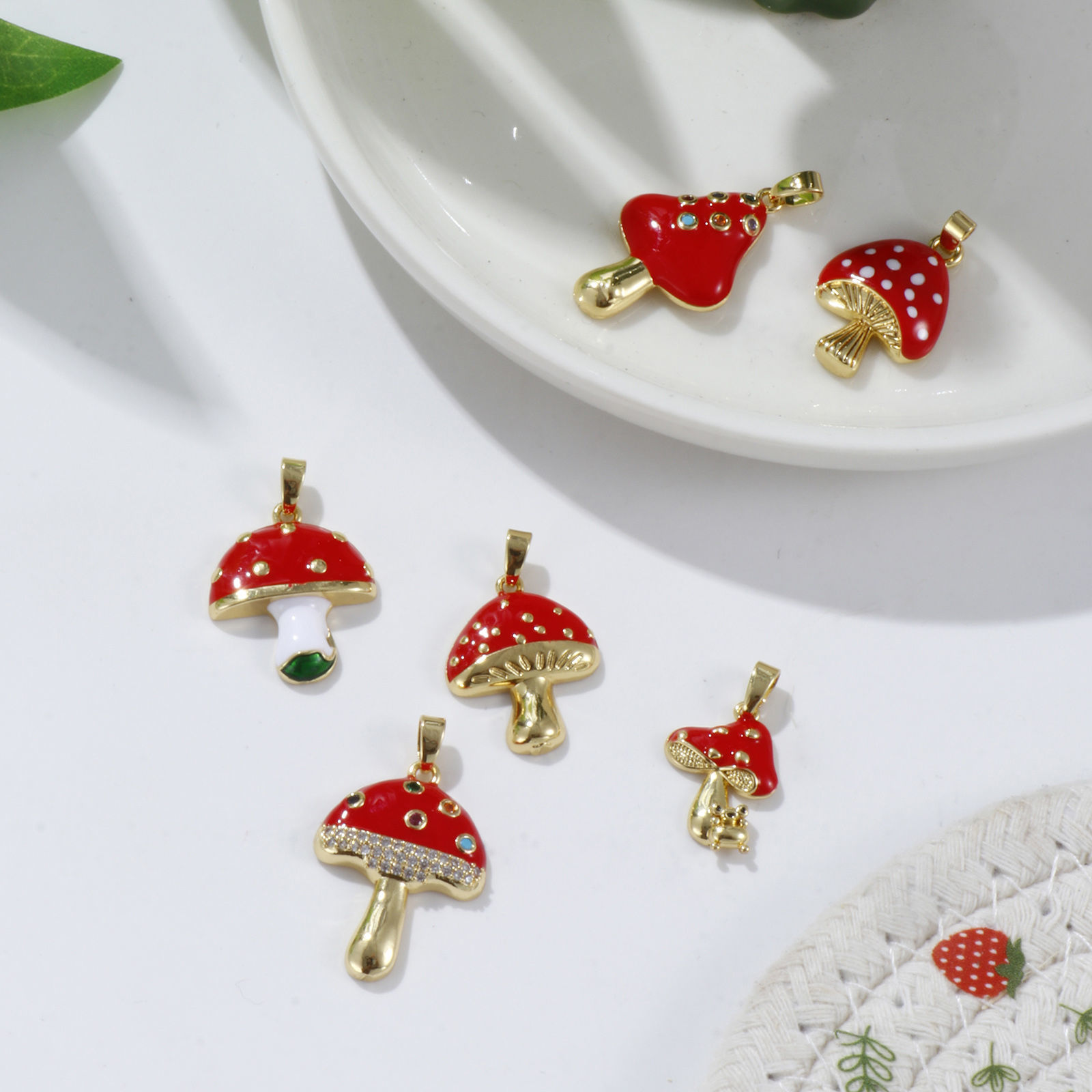 Picture of Eco-friendly Brass Charm Pendant 18K Real Gold Plated Red Mushroom Enamel