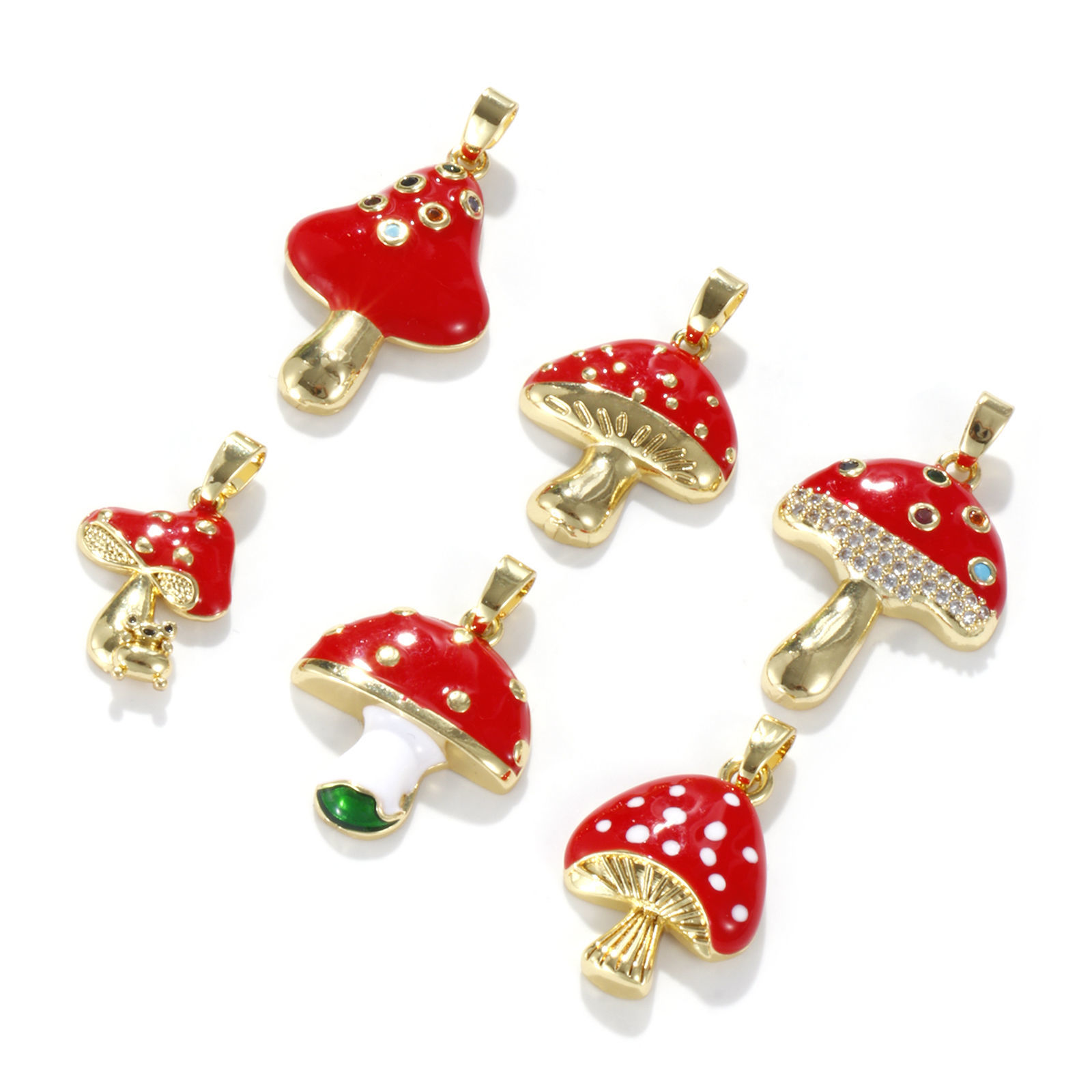 Picture of Eco-friendly Brass Charm Pendant 18K Real Gold Plated Red Mushroom Enamel