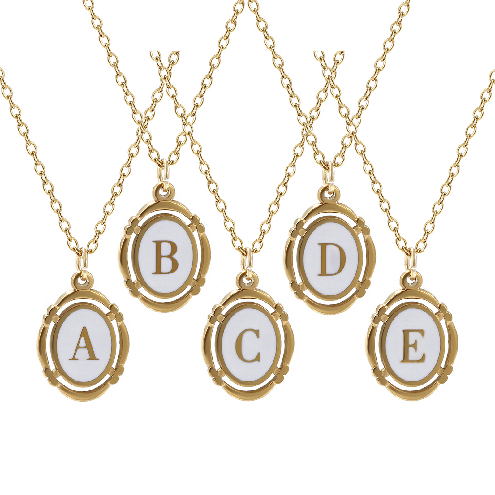 Picture of Eco-friendly PVD Vacuum Plating Stylish 18K Gold Plated White 304 Stainless Steel Link Cable Chain Oval Capital Alphabet Initial Letter Message " A-Z " Enamel Pendant Charm Necklace Unisex 45cm(17.7") + 5cm(2") long