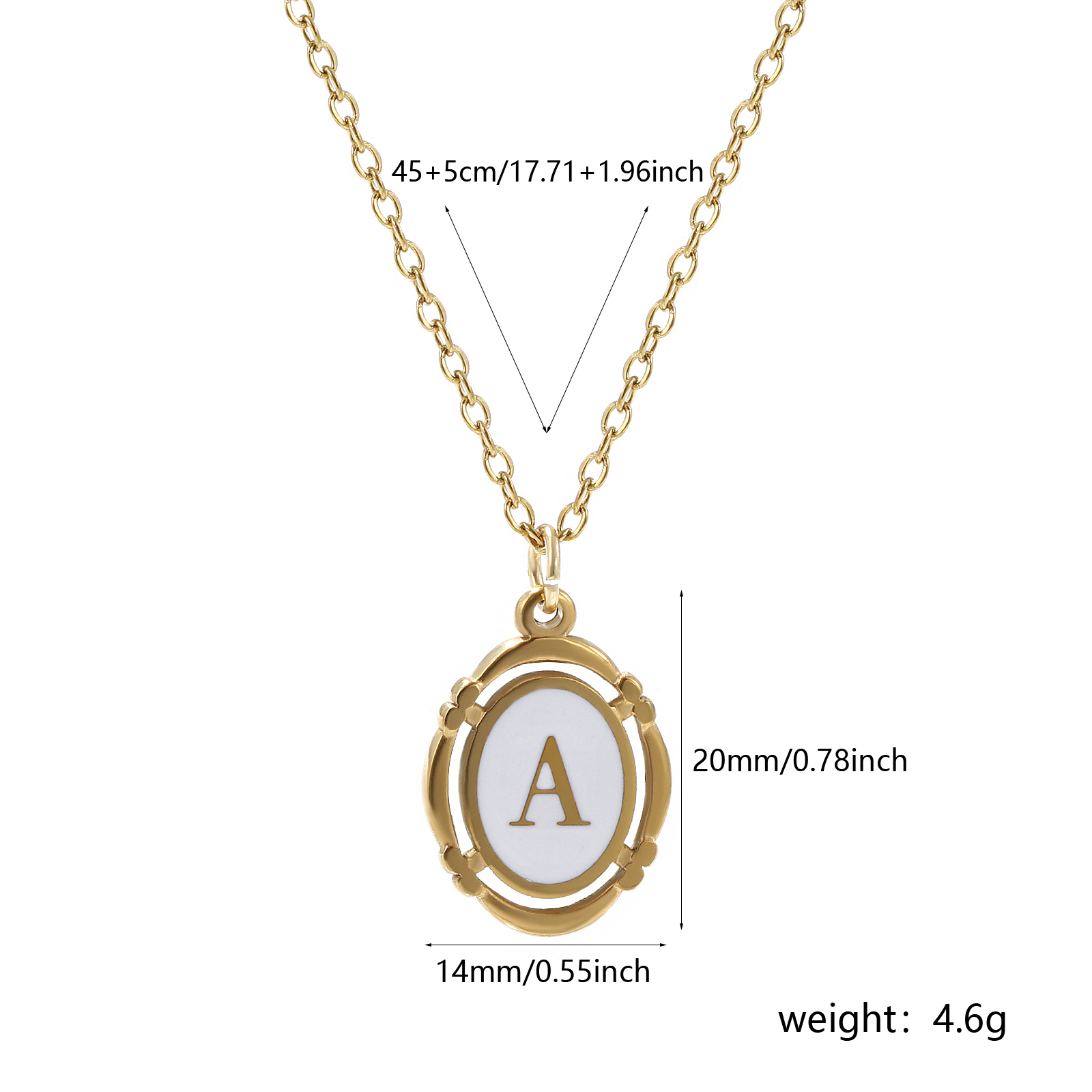 Picture of Eco-friendly PVD Vacuum Plating Stylish 18K Gold Plated White 304 Stainless Steel Link Cable Chain Oval Capital Alphabet Initial Letter Message " A-Z " Enamel Pendant Charm Necklace Unisex 45cm(17.7") + 5cm(2") long