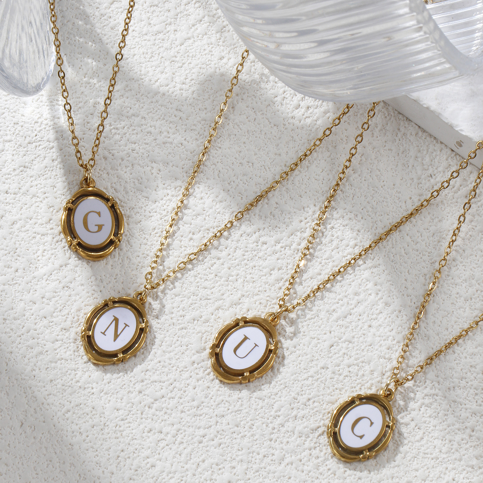 Picture of Eco-friendly PVD Vacuum Plating Stylish 18K Gold Plated White 304 Stainless Steel Link Cable Chain Oval Capital Alphabet Initial Letter Message " A-Z " Enamel Pendant Charm Necklace Unisex 45cm(17.7") + 5cm(2") long